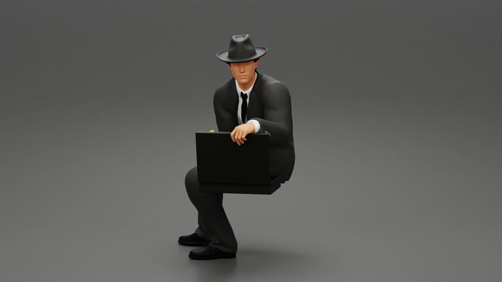 businessman in hat sitting and holding briefcase of money  3D print model_6
