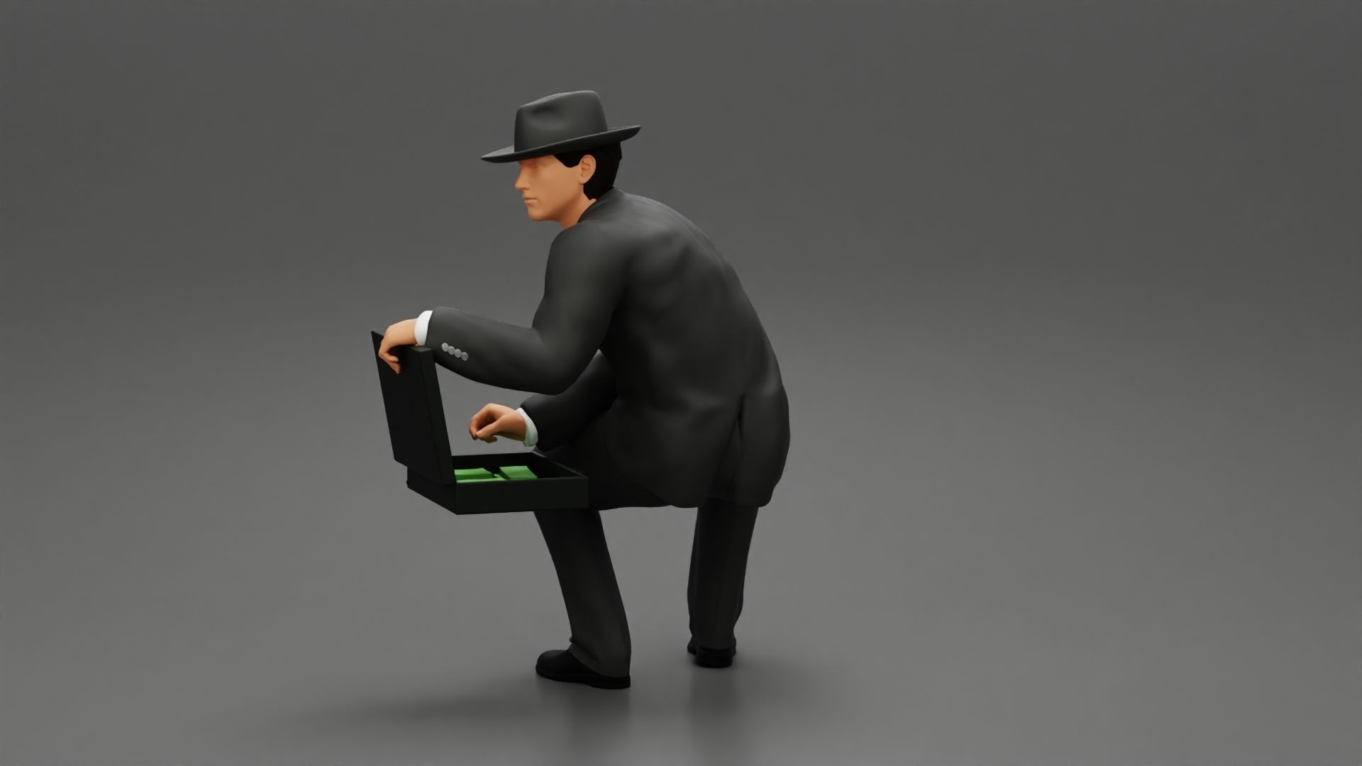 businessman in hat sitting and holding briefcase of money  3D print model_5