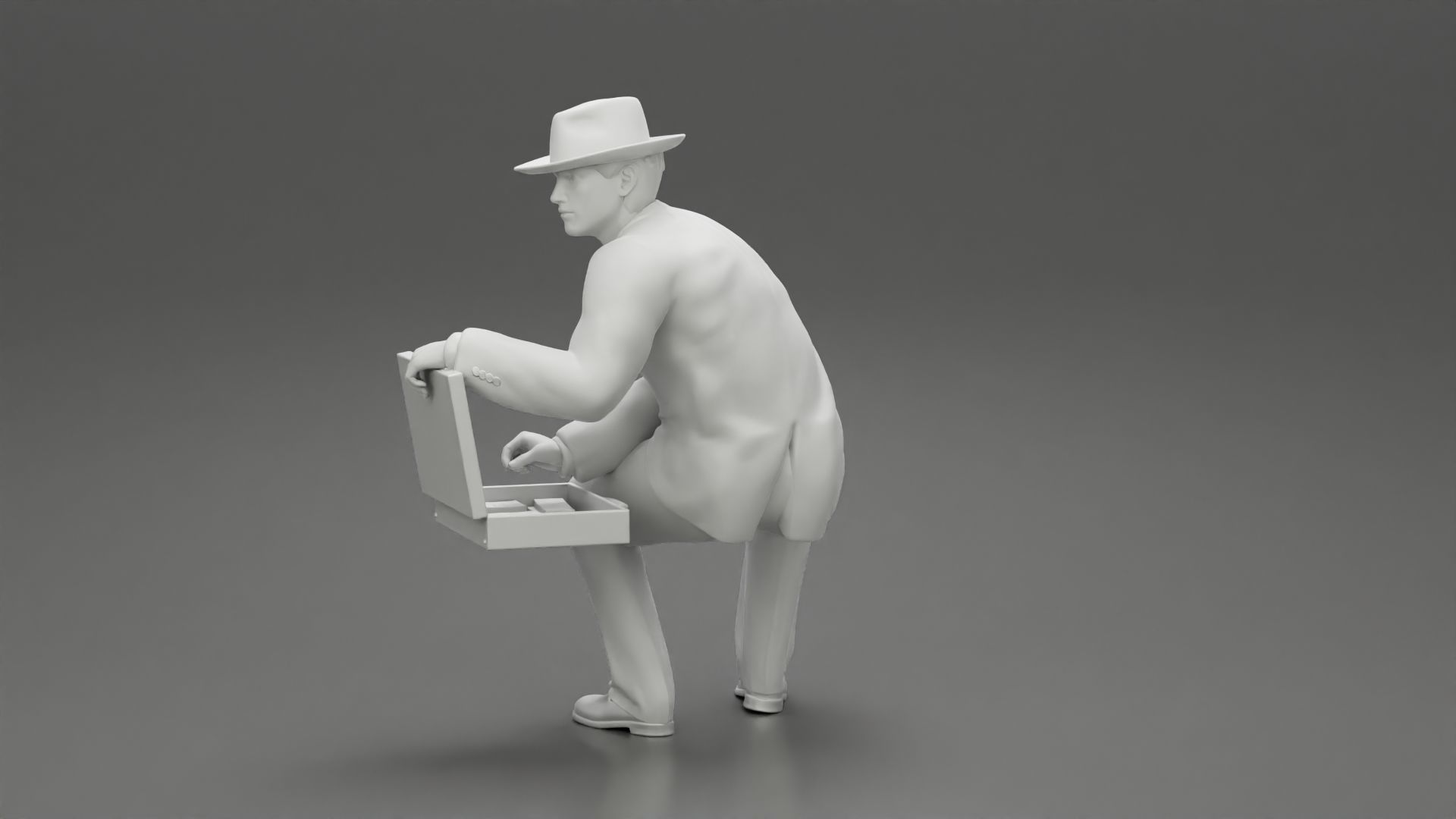 businessman in hat sitting and holding briefcase of money  3D print model_11
