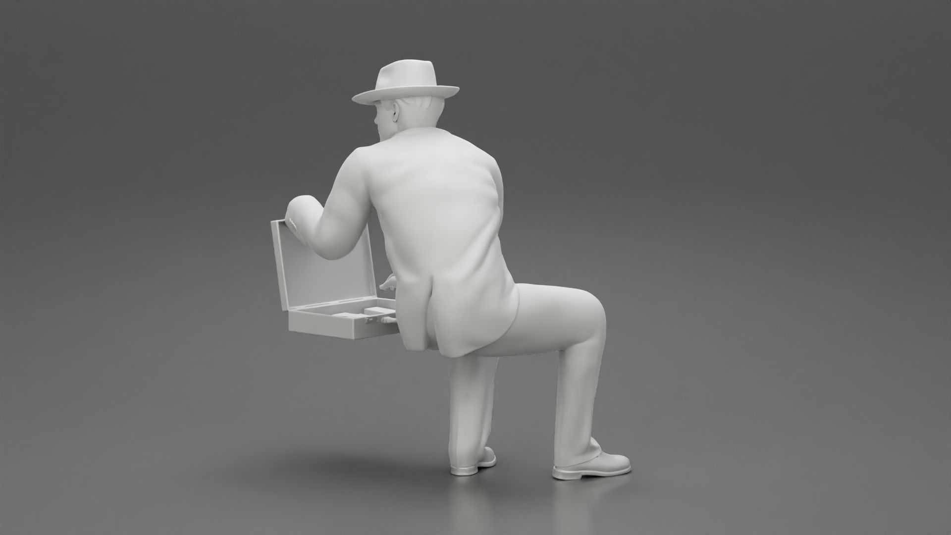 businessman in hat sitting and holding briefcase of money  3D print model_10