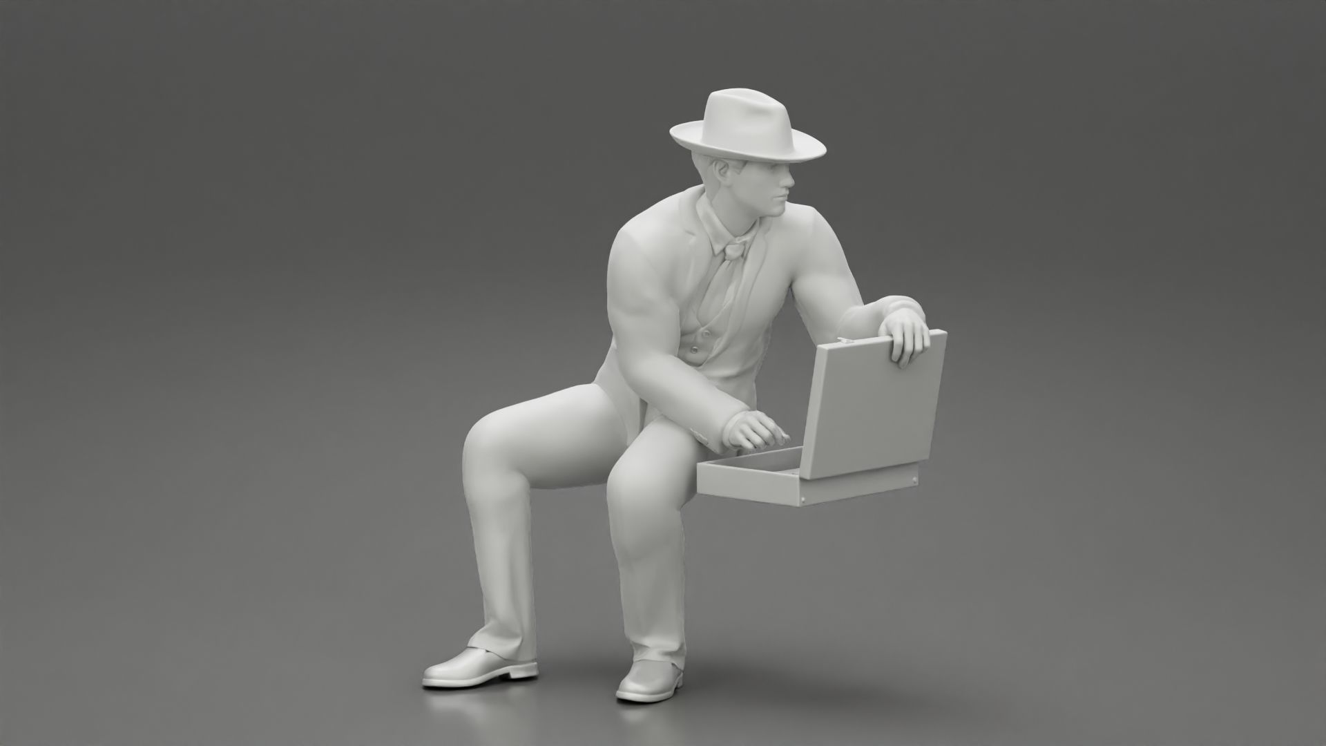 businessman in hat sitting and holding briefcase of money  3D print model_7