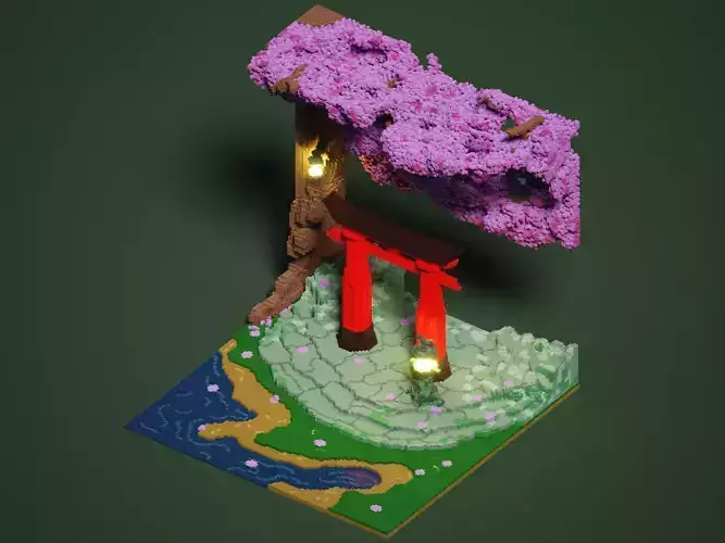 Serene Japanese Shrine Voxel Art 3D model