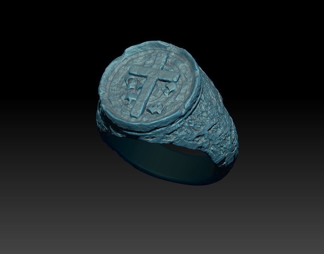 Signet Ring with Cross and Skulls ready for 3D print 3D print model_2