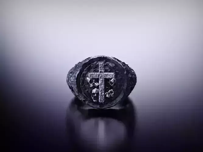 Signet Ring with Cross and Skulls ready for 3D print