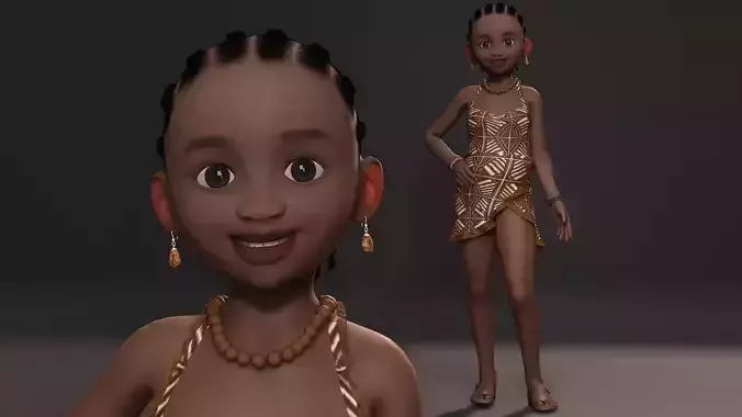 Stylized black african girl character Rigged Low-poly 3D model
