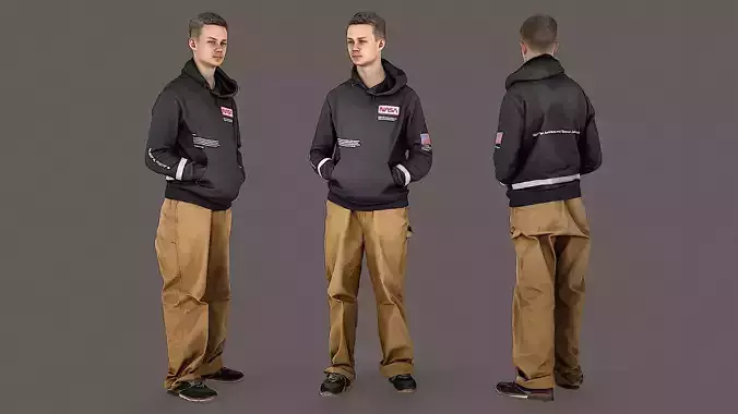 Thoughtful Observer Young Man in NASA Hoodie and Jumpsuit 3D model
