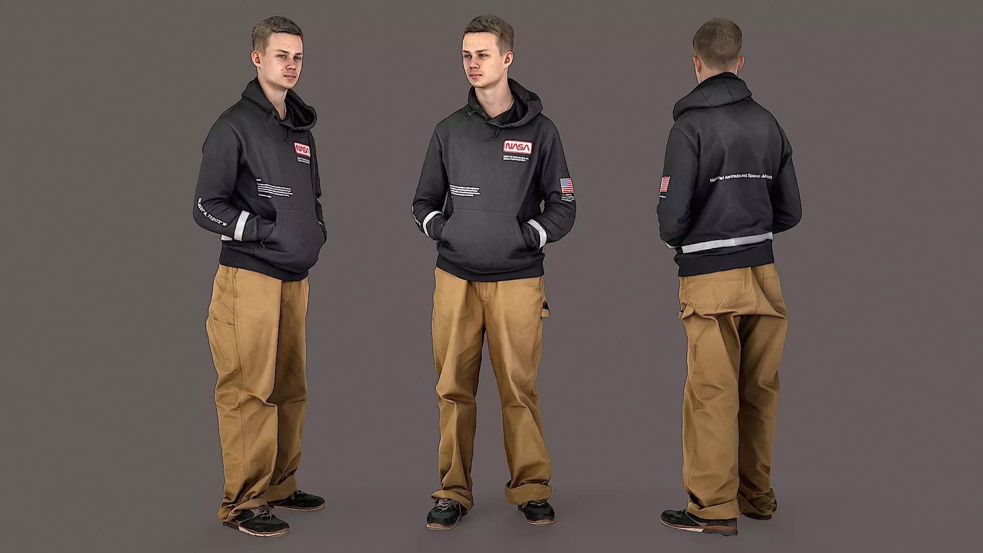 Thoughtful Observer Young Man in NASA Hoodie and Jumpsuit 3D model_0