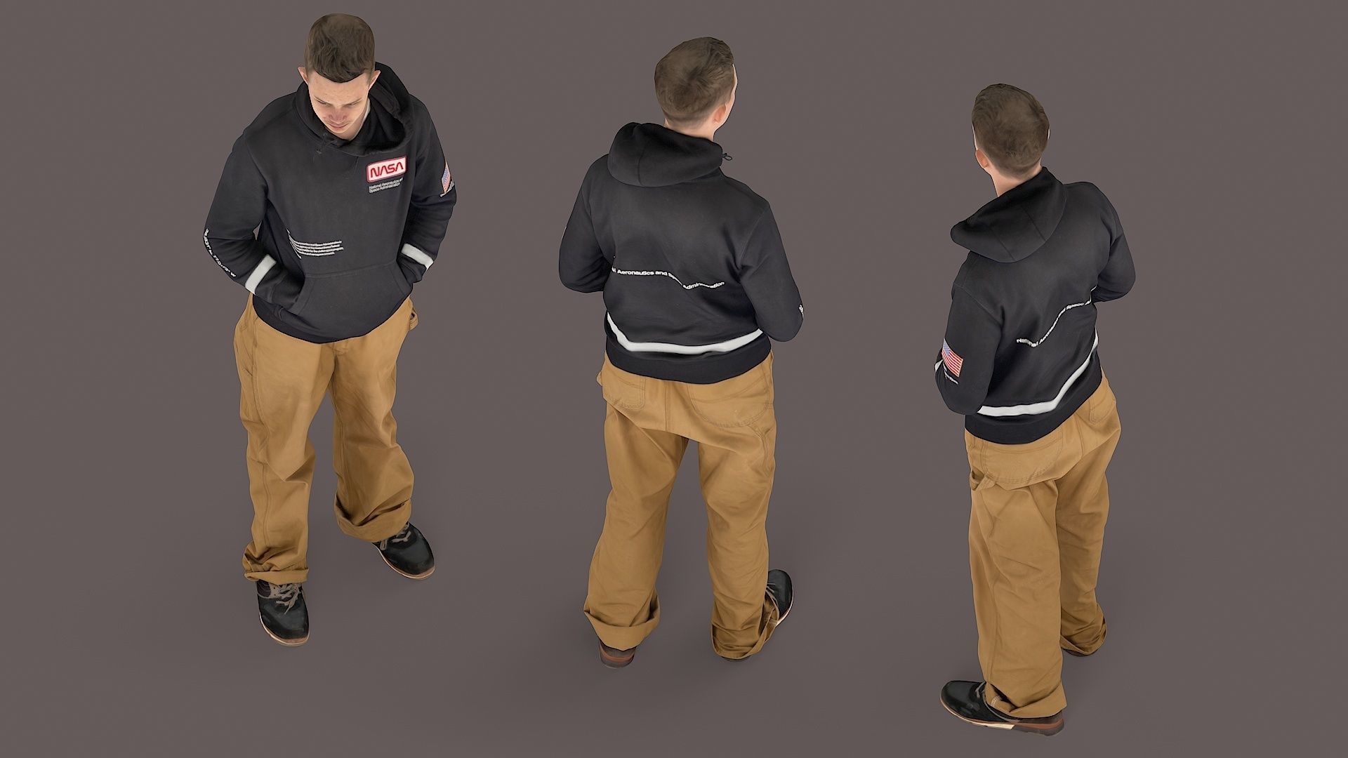 Thoughtful Observer Young Man in NASA Hoodie and Jumpsuit 3D model_5