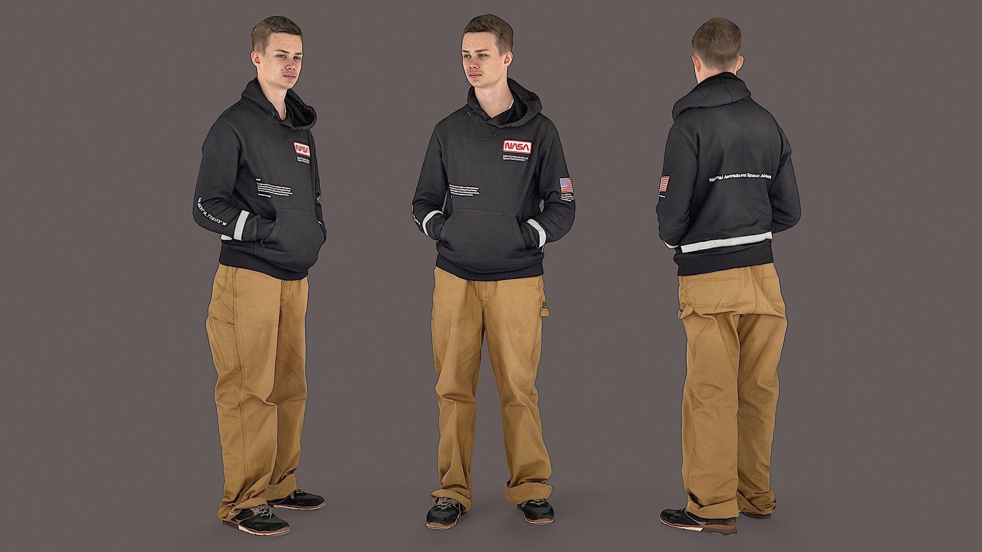 Thoughtful Observer Young Man in NASA Hoodie and Jumpsuit 3D model_1