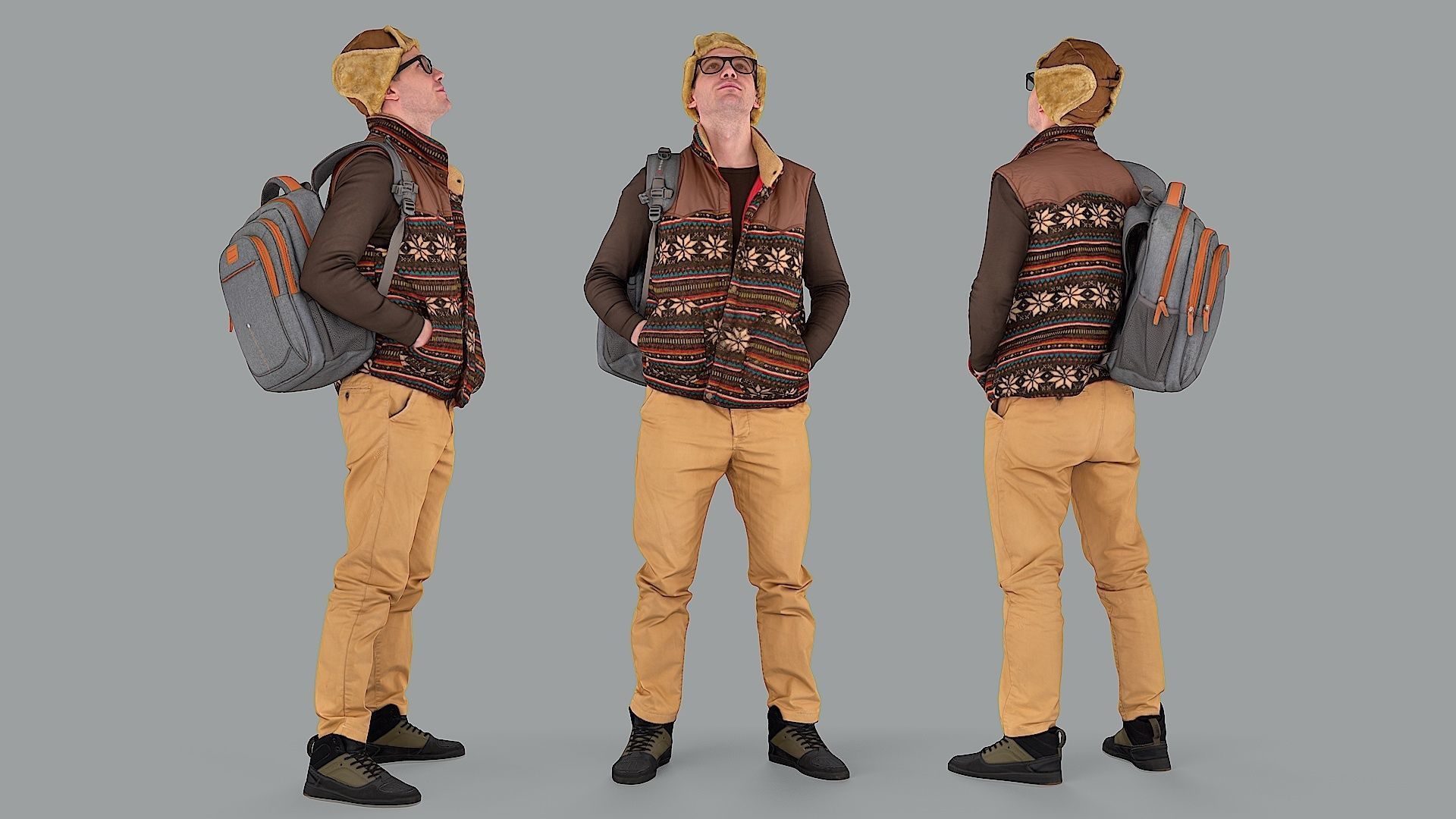 Curious Onlooker Young Man in Vest and Ushanka Hat 3D model_1