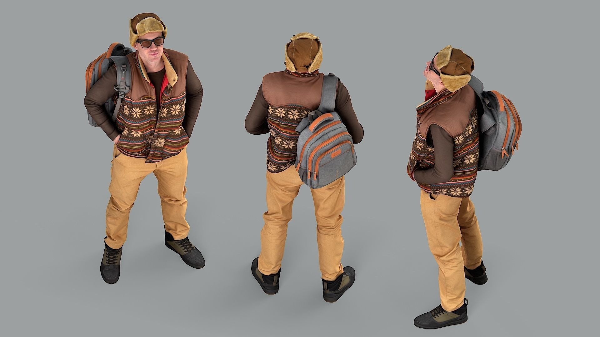 Curious Onlooker Young Man in Vest and Ushanka Hat 3D model_5