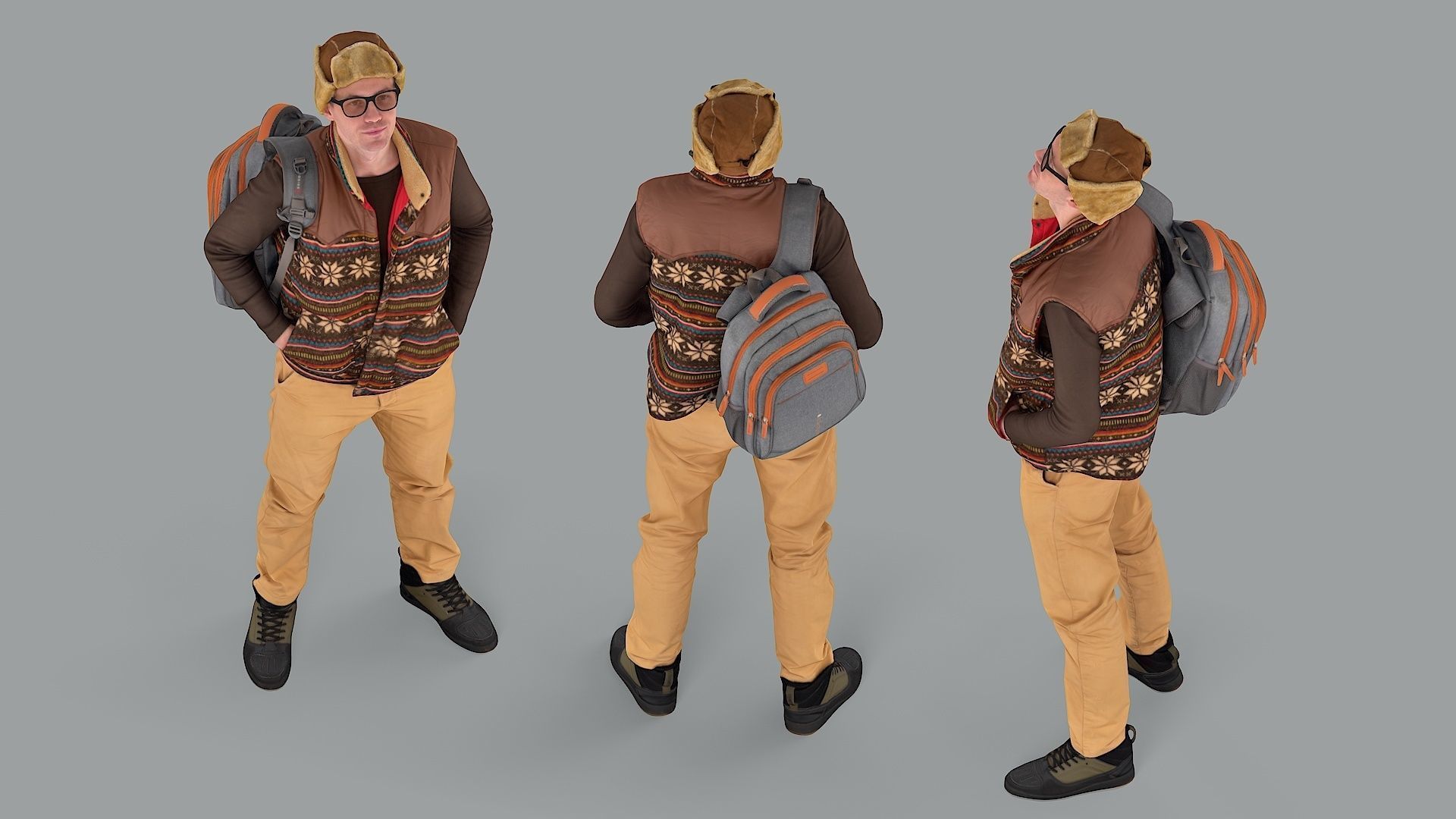 Curious Onlooker Young Man in Vest and Ushanka Hat 3D model_6
