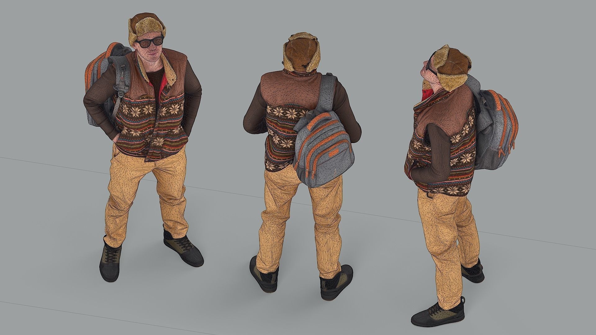 Curious Onlooker Young Man in Vest and Ushanka Hat 3D model_7