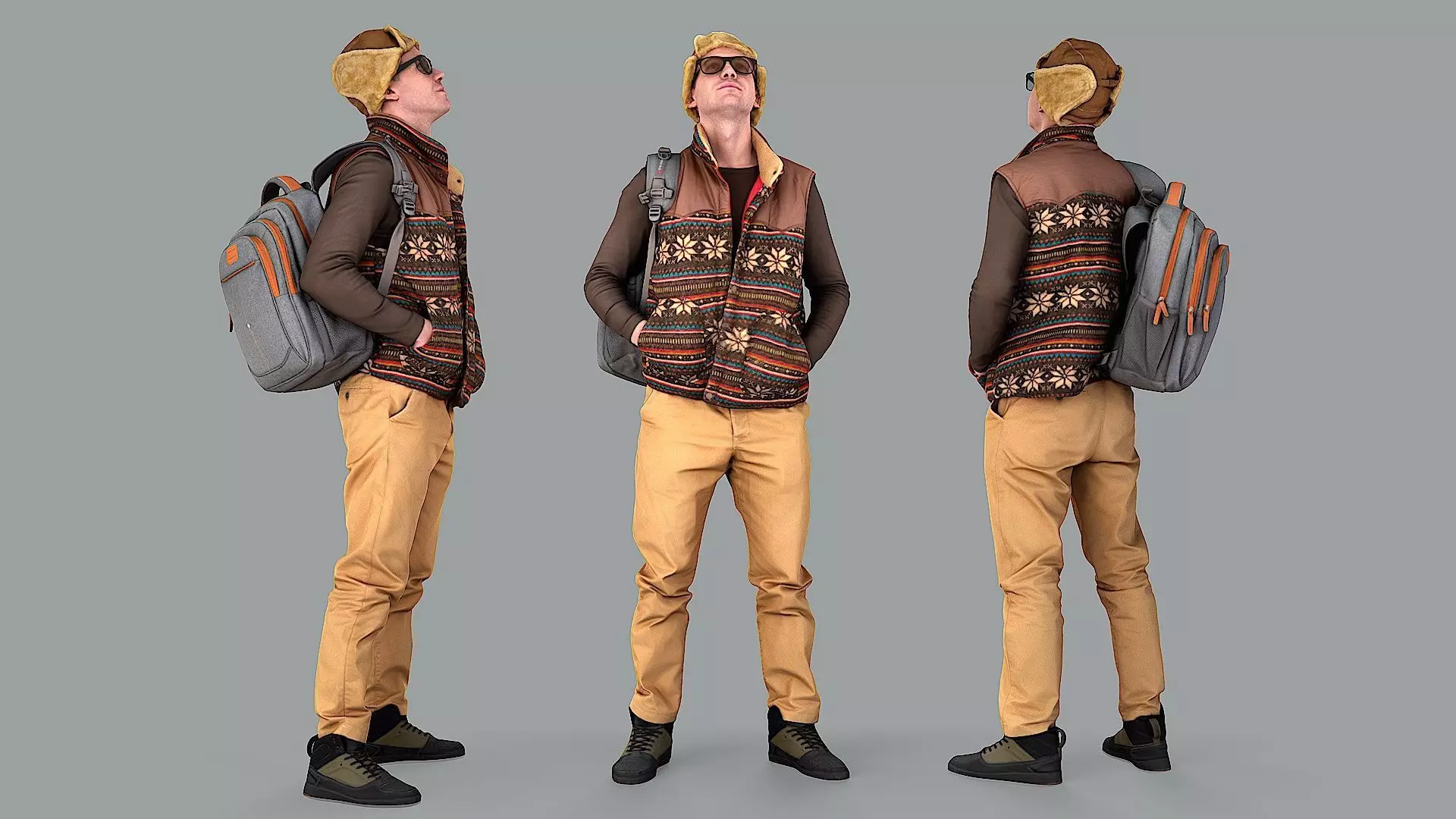 Curious Onlooker Young Man in Vest and Ushanka Hat 3D model_0