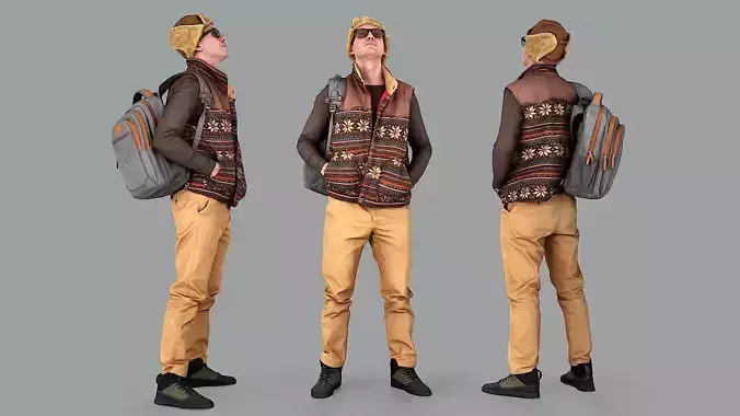 Curious Onlooker Young Man in Vest and Ushanka Hat 3D model