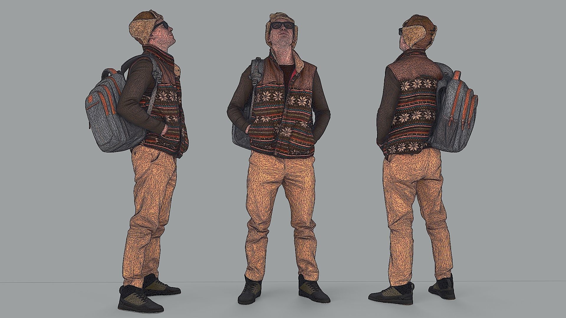 Curious Onlooker Young Man in Vest and Ushanka Hat 3D model_2