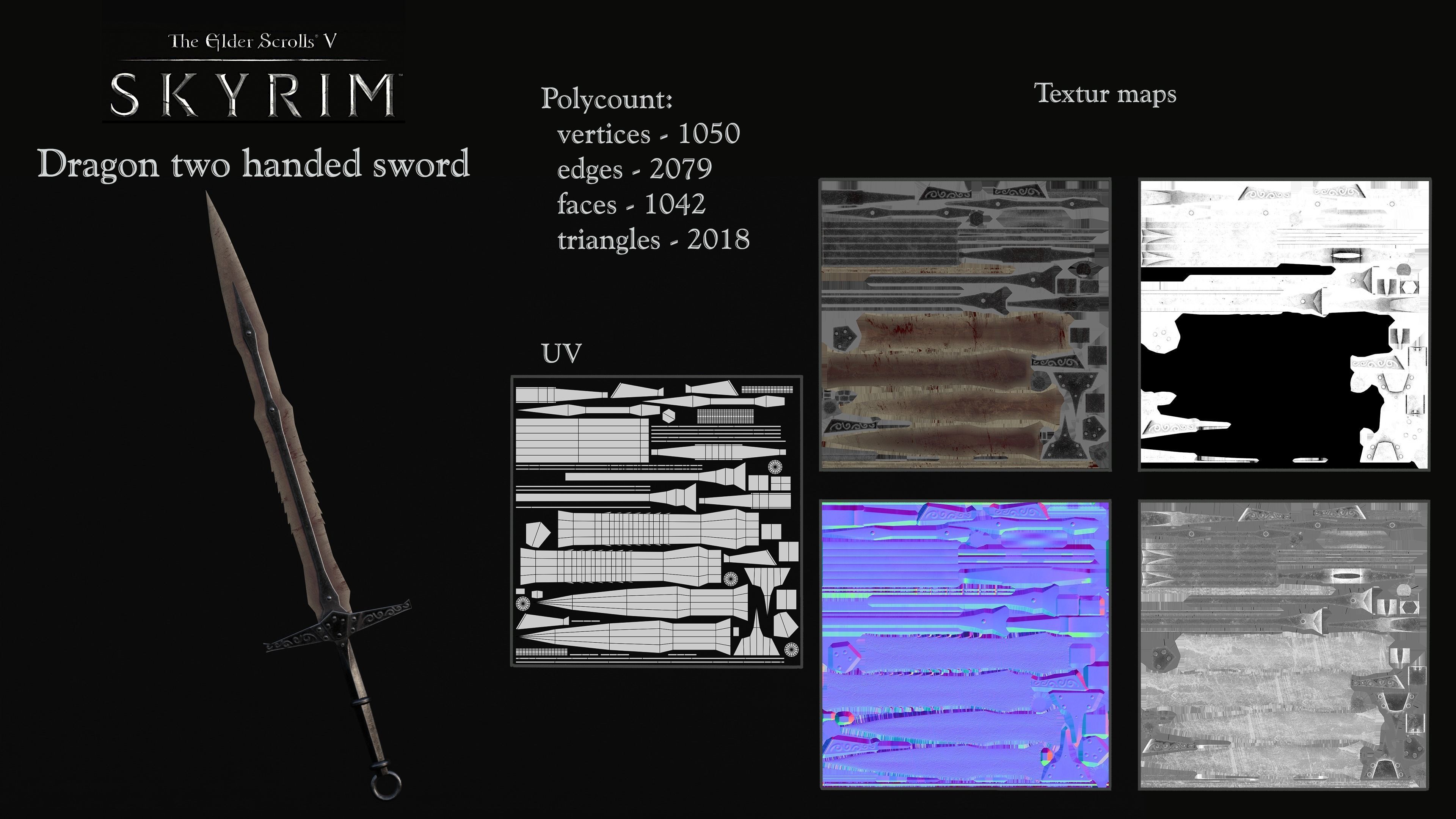 Skyrim Dragon Bon Weapon set Low-poly 3D model_19