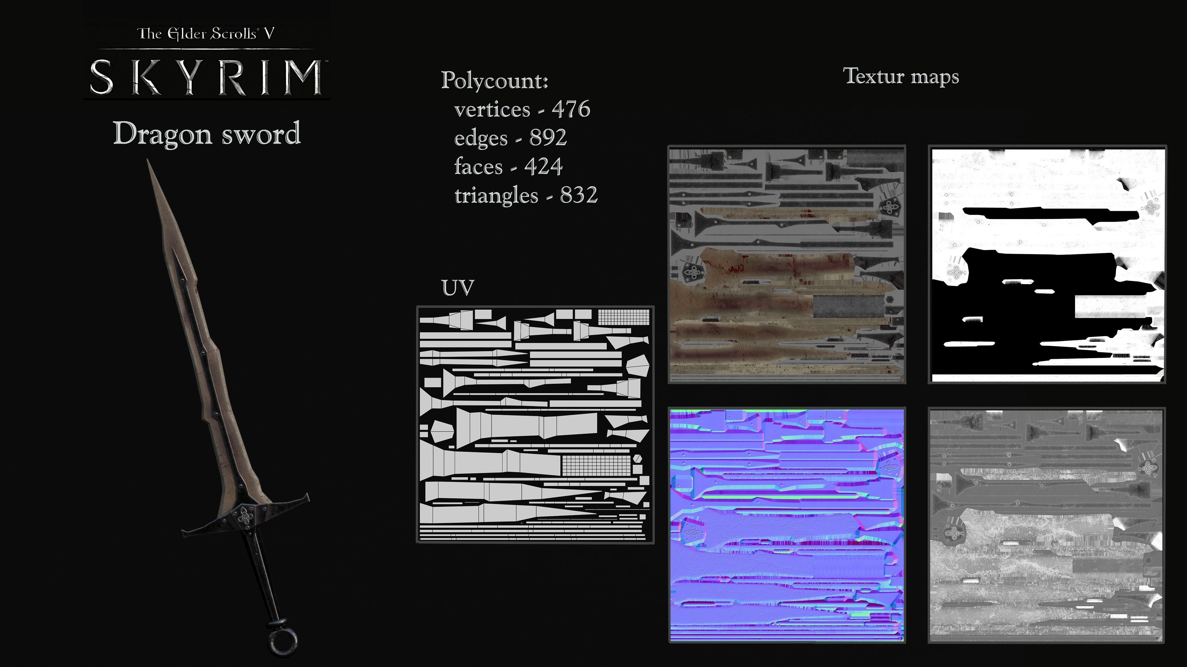 Skyrim Dragon Bon Weapon set Low-poly 3D model_12