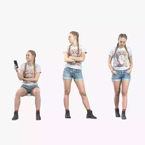 Set of young stylish woman sit walk and stand - posed 3d scan
