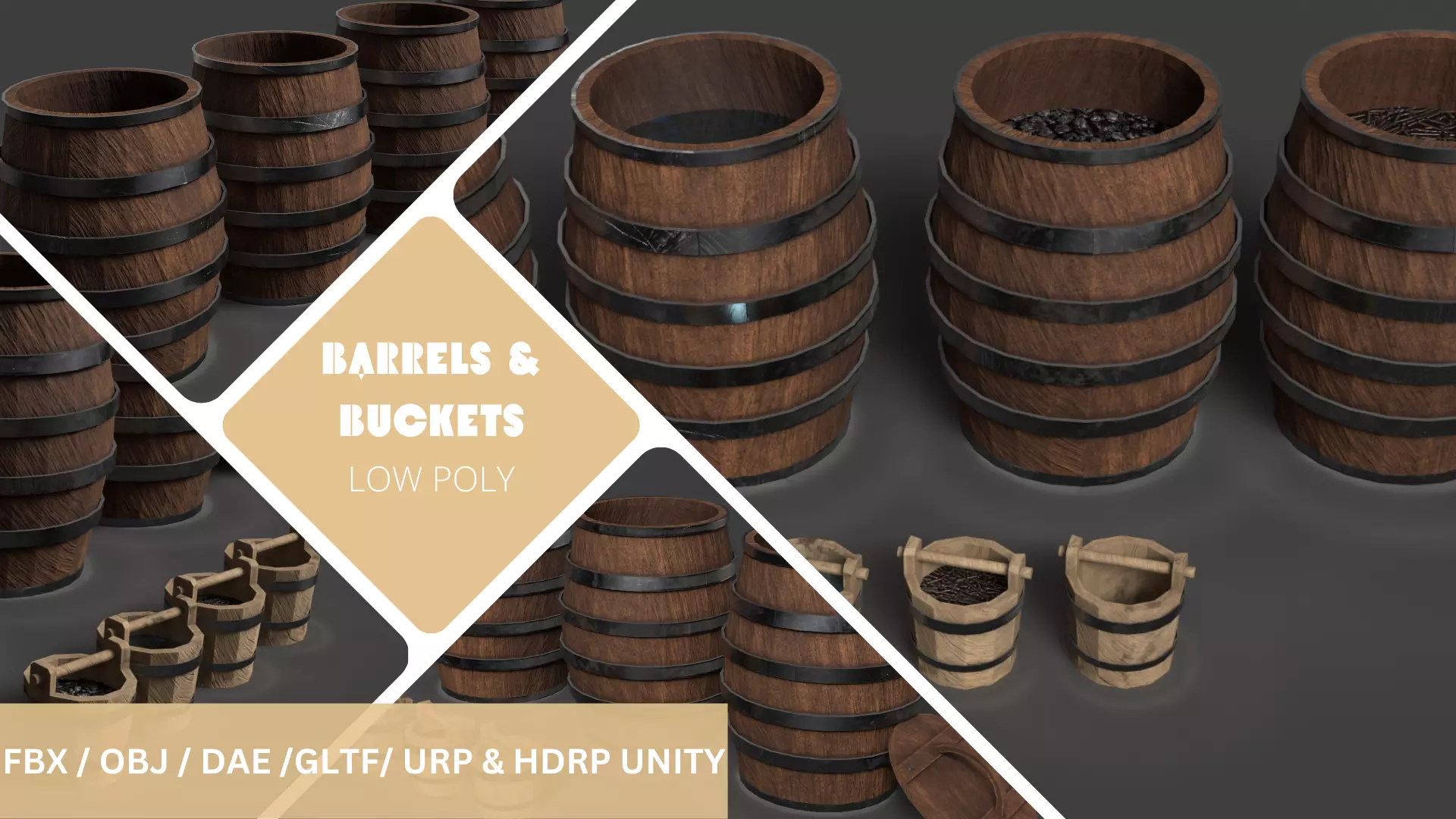 Barrels And Buckets Free low-poly 3D model