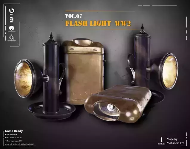 Military Flashlight ww2 VOL07 Game Ready Low-poly 3D model