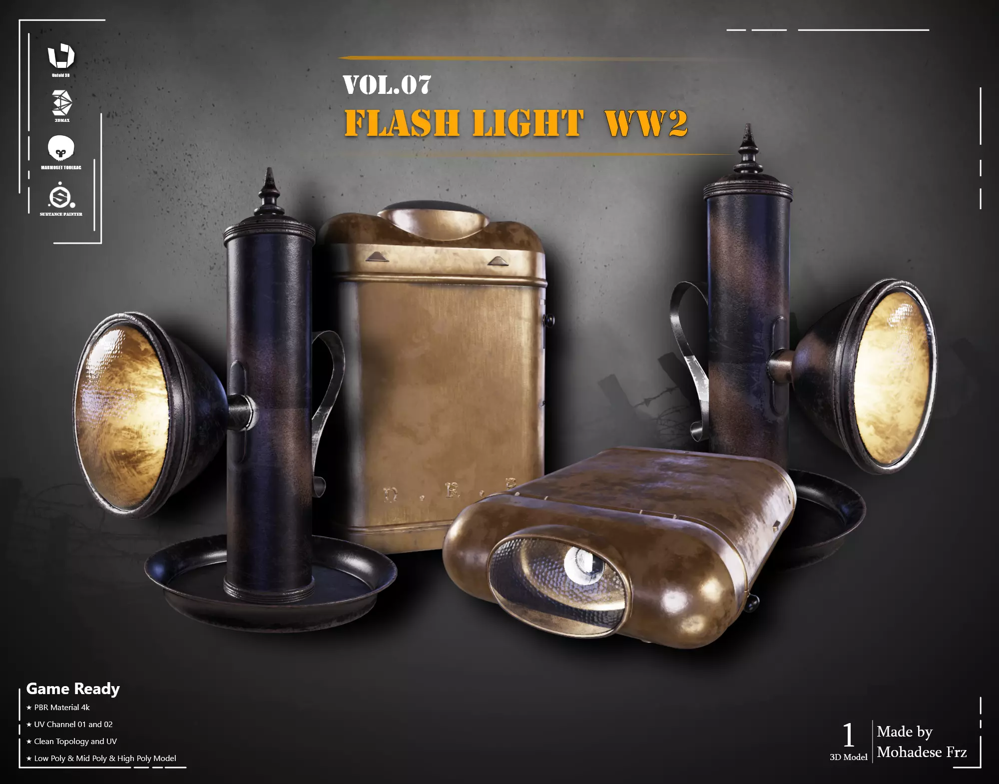 Military Flashlight ww2 VOL07 Game Ready Low-poly 3D model_0