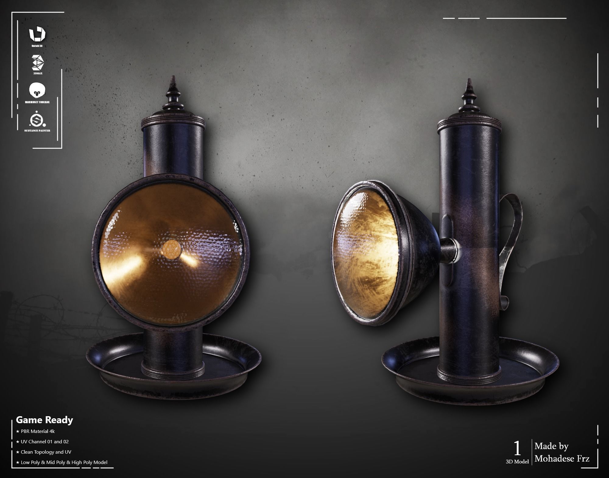 Military Flashlight ww2 VOL07 Game Ready Low-poly 3D model_3