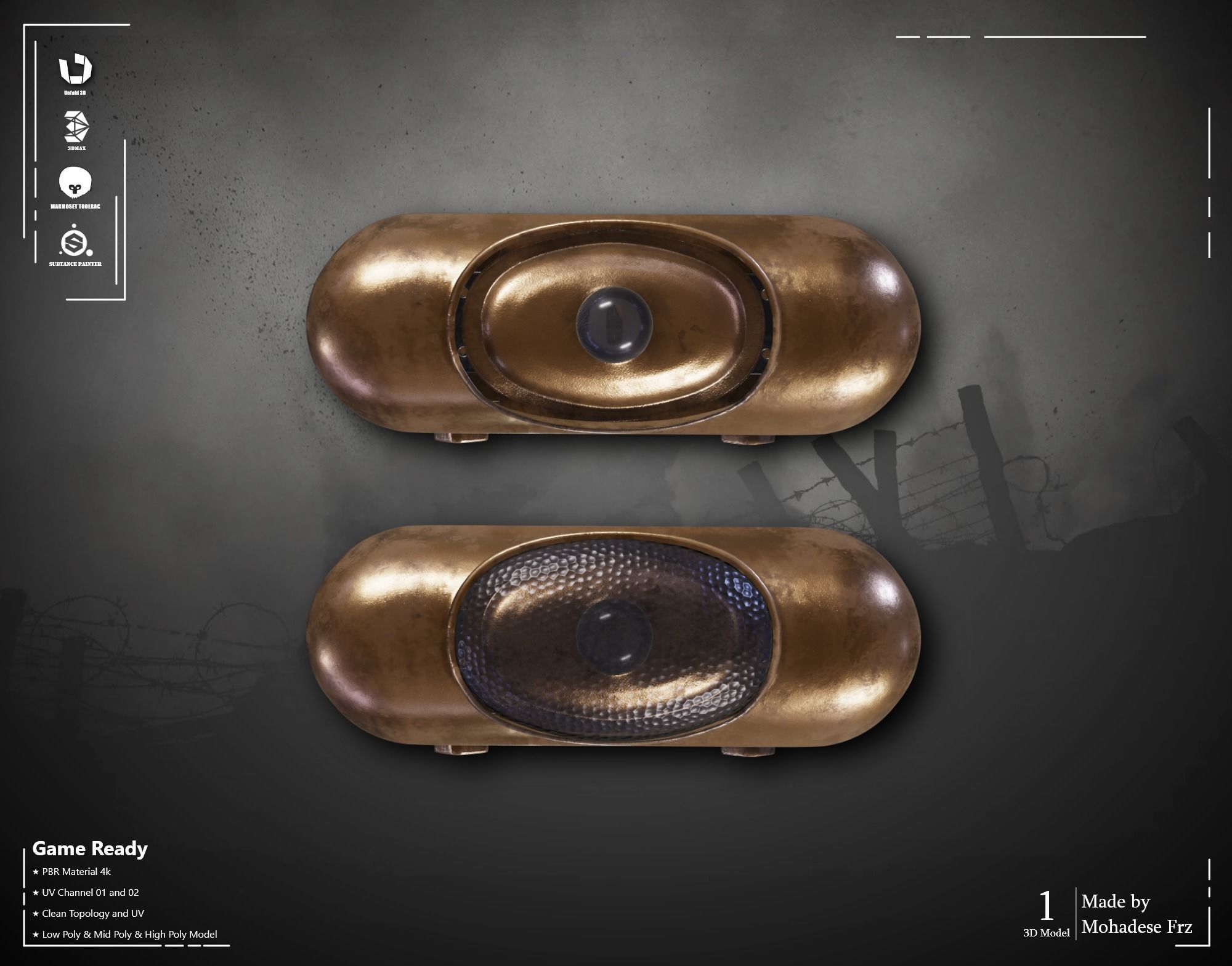 Military Flashlight ww2 VOL07 Game Ready Low-poly 3D model_6