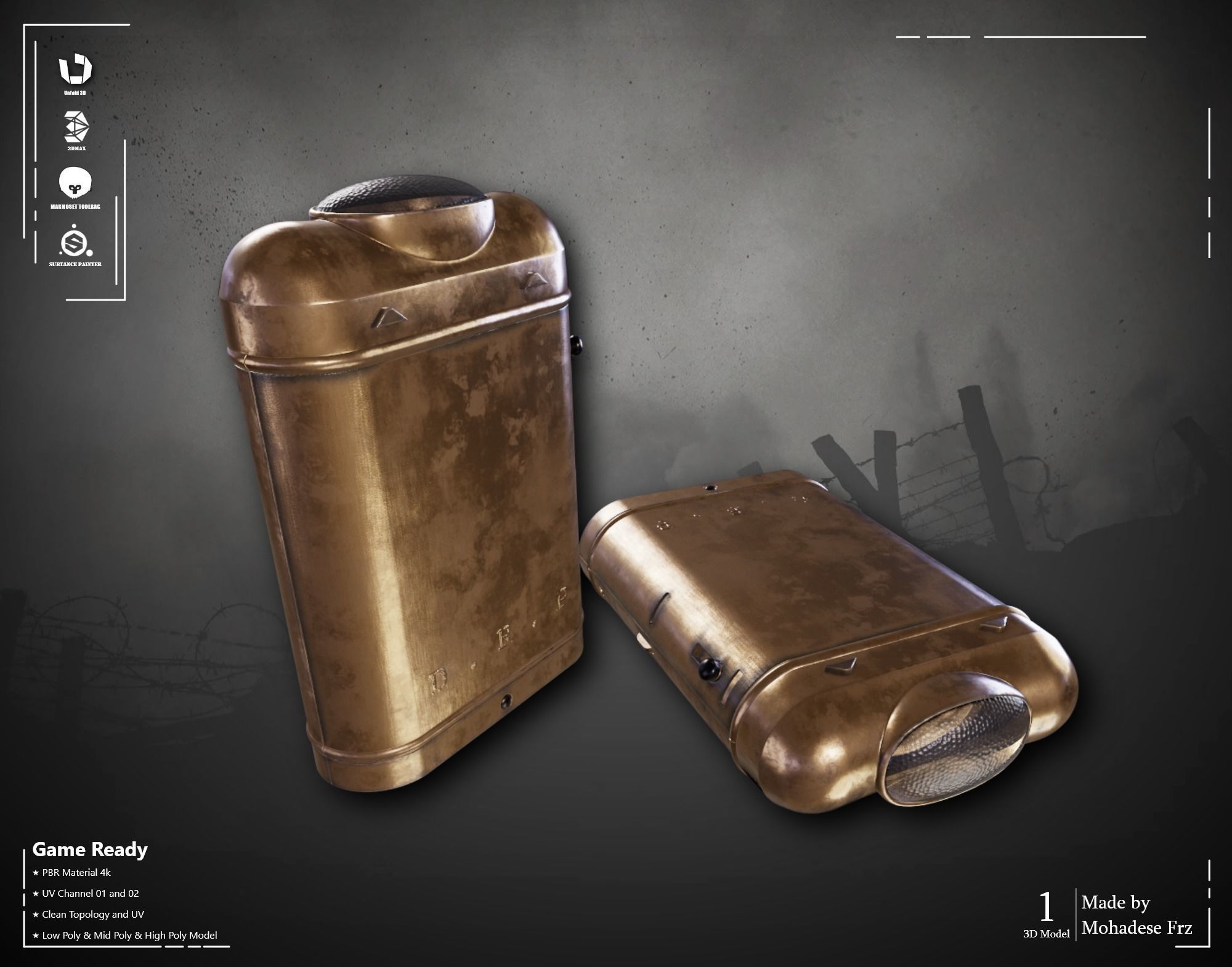 Military Flashlight ww2 VOL07 Game Ready Low-poly 3D model_4