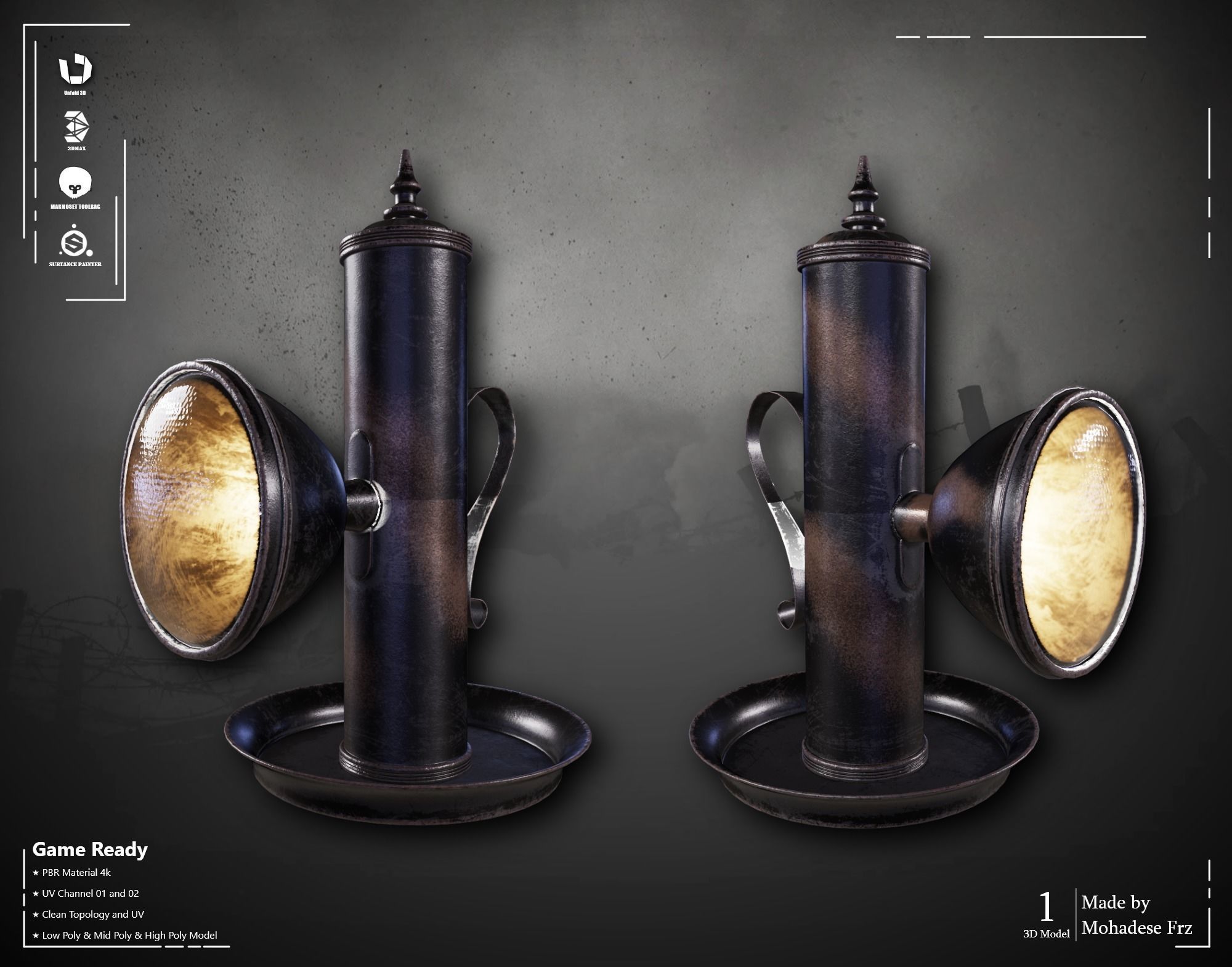 Military Flashlight ww2 VOL07 Game Ready Low-poly 3D model_1
