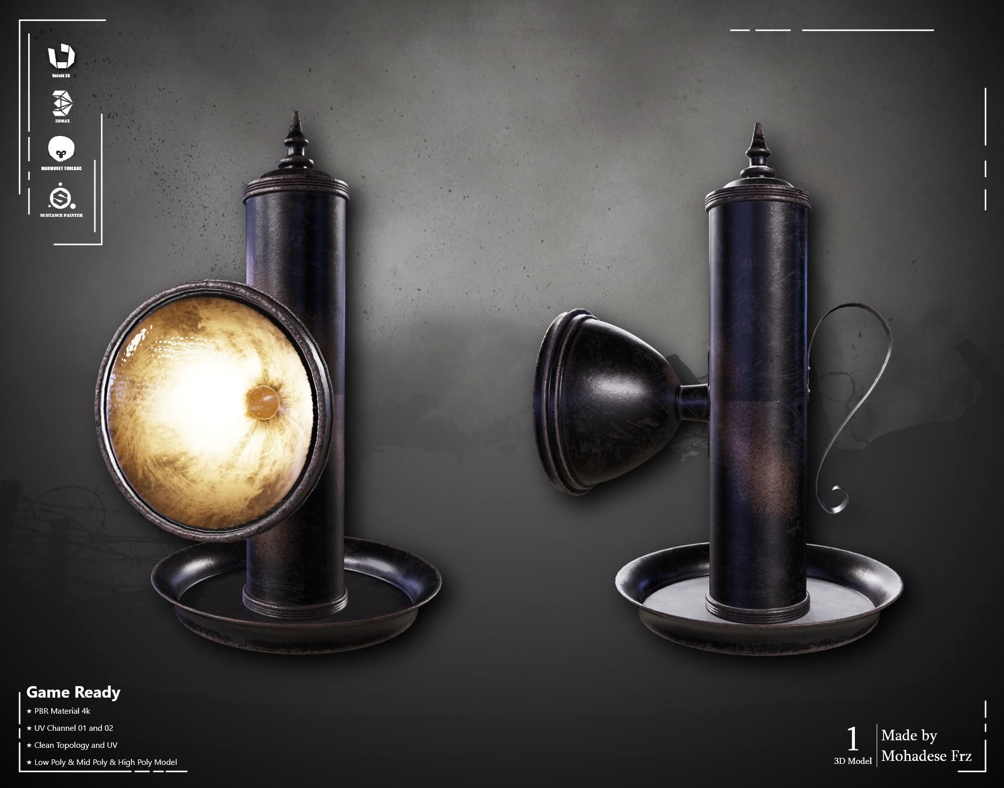 Military Flashlight ww2 VOL07 Game Ready Low-poly 3D model_2