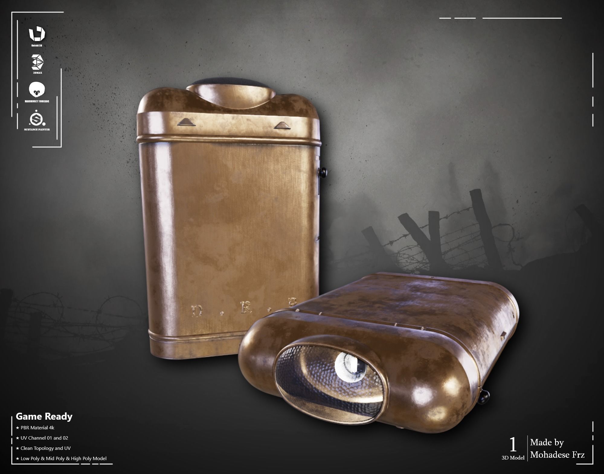 Military Flashlight ww2 VOL07 Game Ready Low-poly 3D model_7