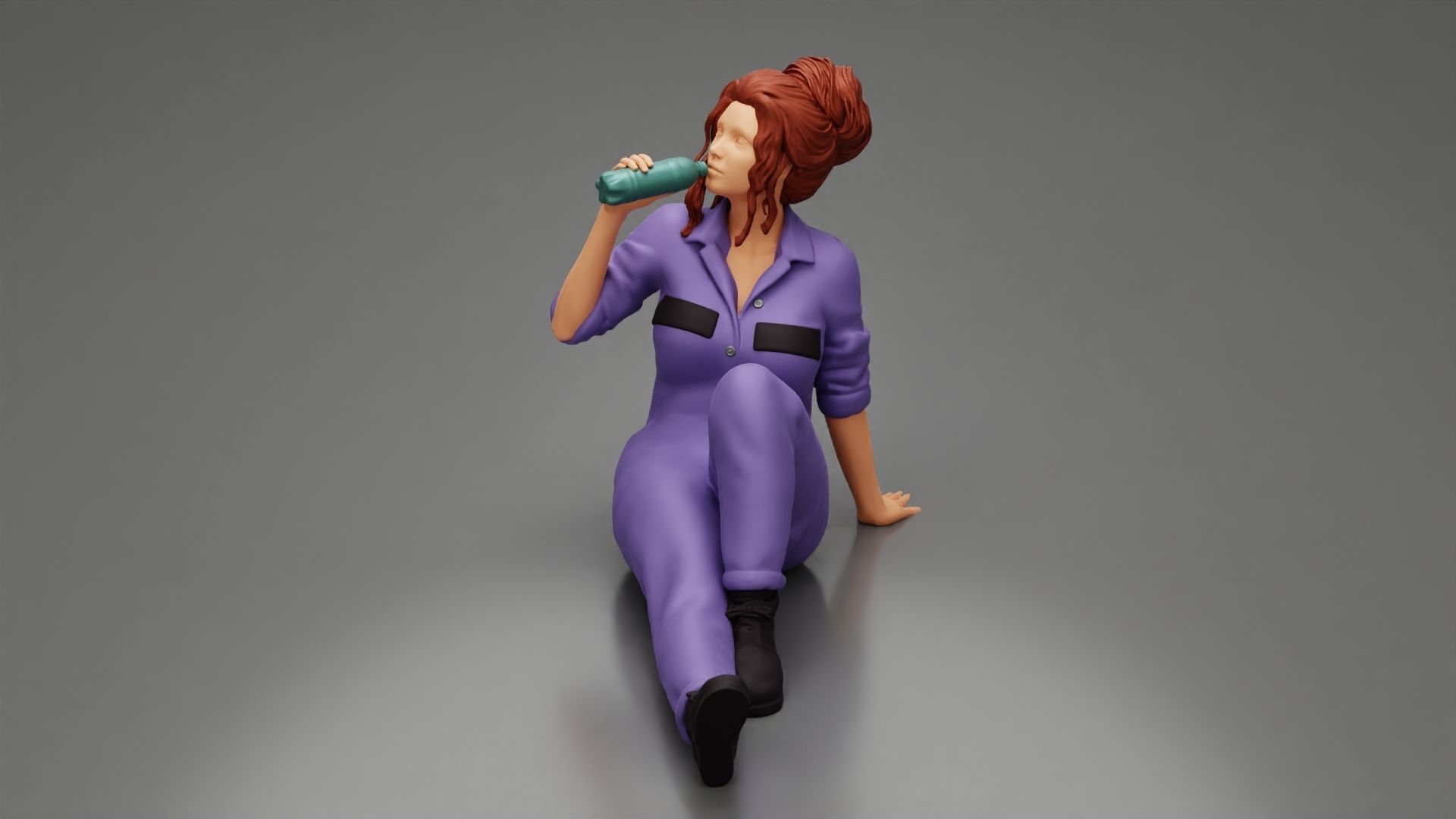 Tired woman mechanic sitting drinking water during from bottle 3D print model_5
