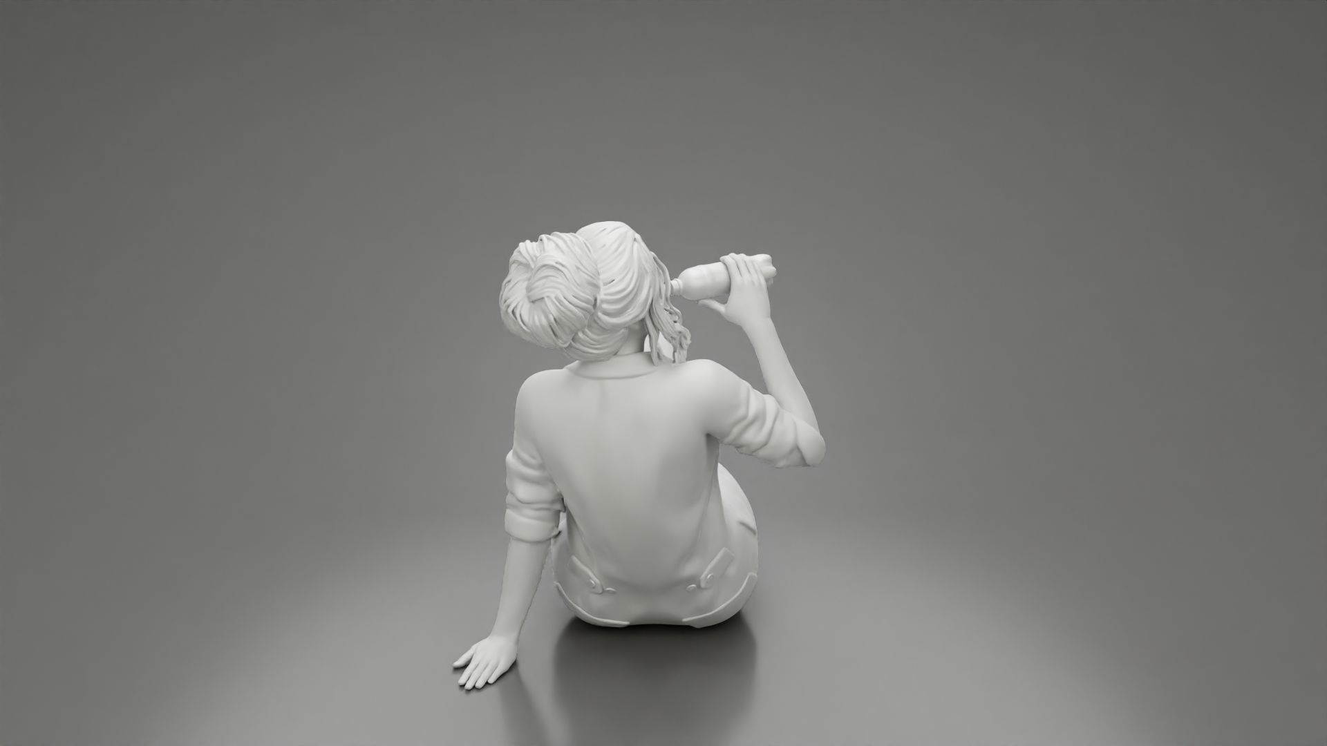 Tired woman mechanic sitting drinking water during from bottle 3D print model_8