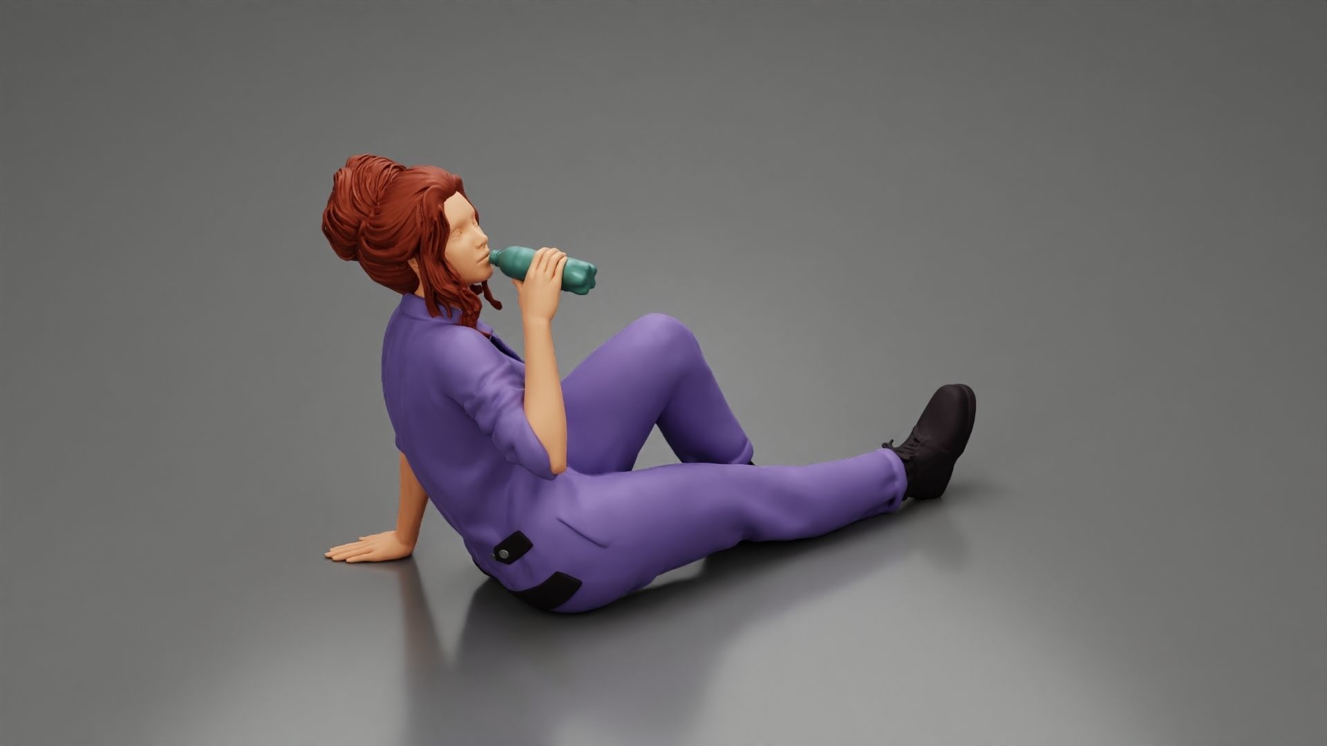 Tired woman mechanic sitting drinking water during from bottle 3D print model_1