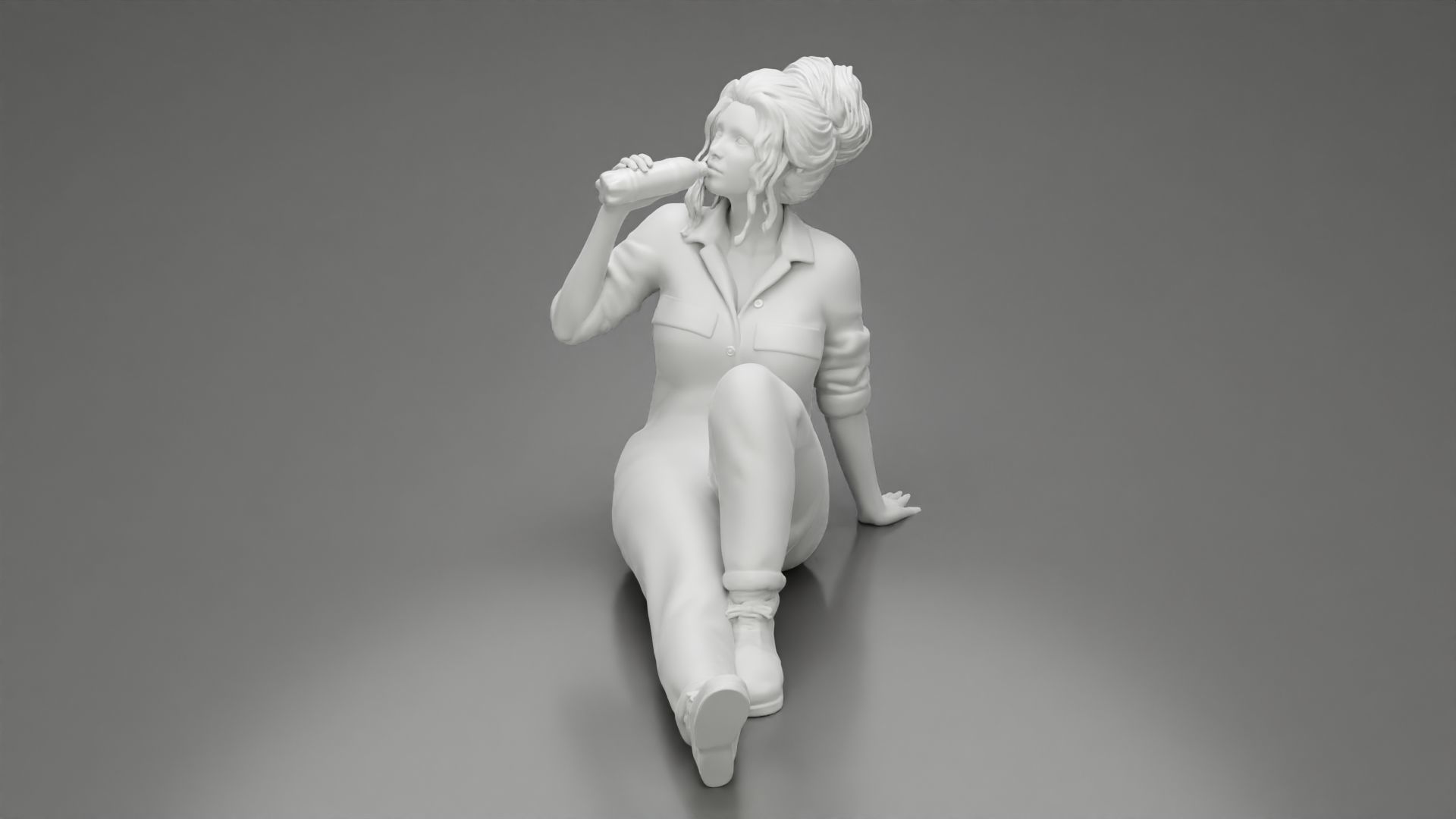 Tired woman mechanic sitting drinking water during from bottle 3D print model_11