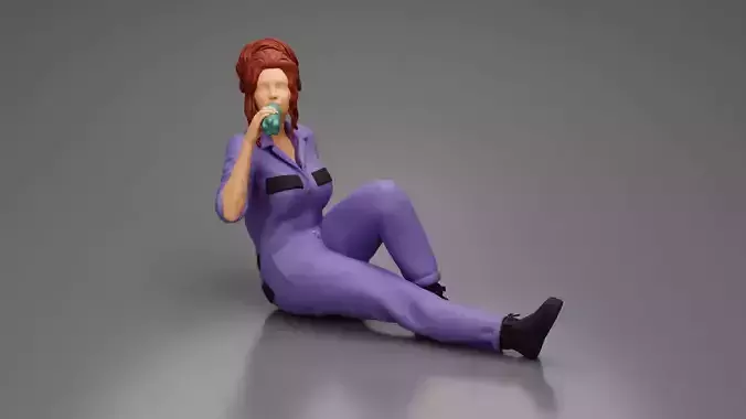 Tired woman mechanic sitting drinking water during from bottle
