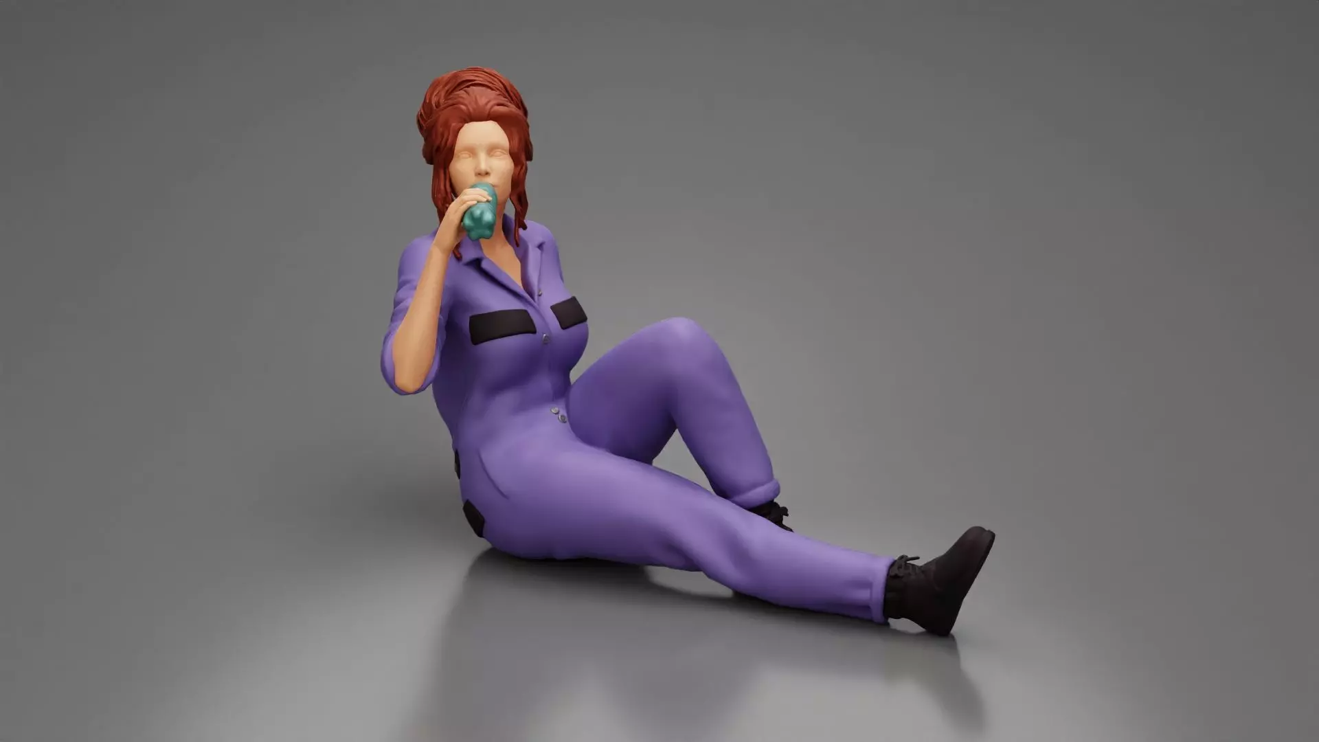 Tired woman mechanic sitting drinking water during from bottle 3D print model_0