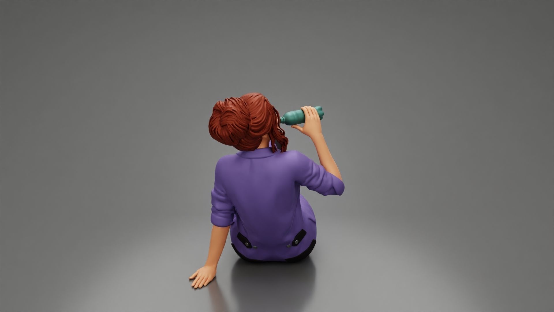 Tired woman mechanic sitting drinking water during from bottle 3D print model_2