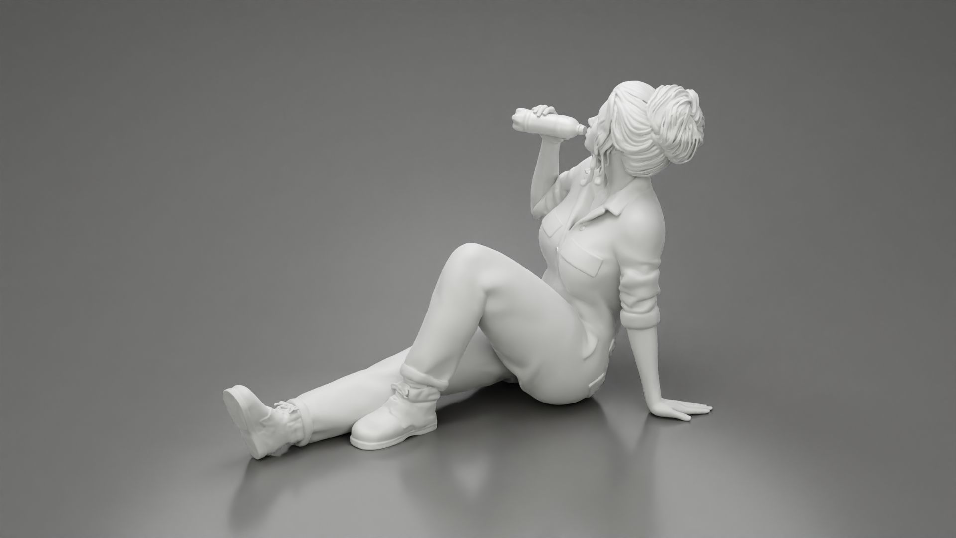 Tired woman mechanic sitting drinking water during from bottle 3D print model_10