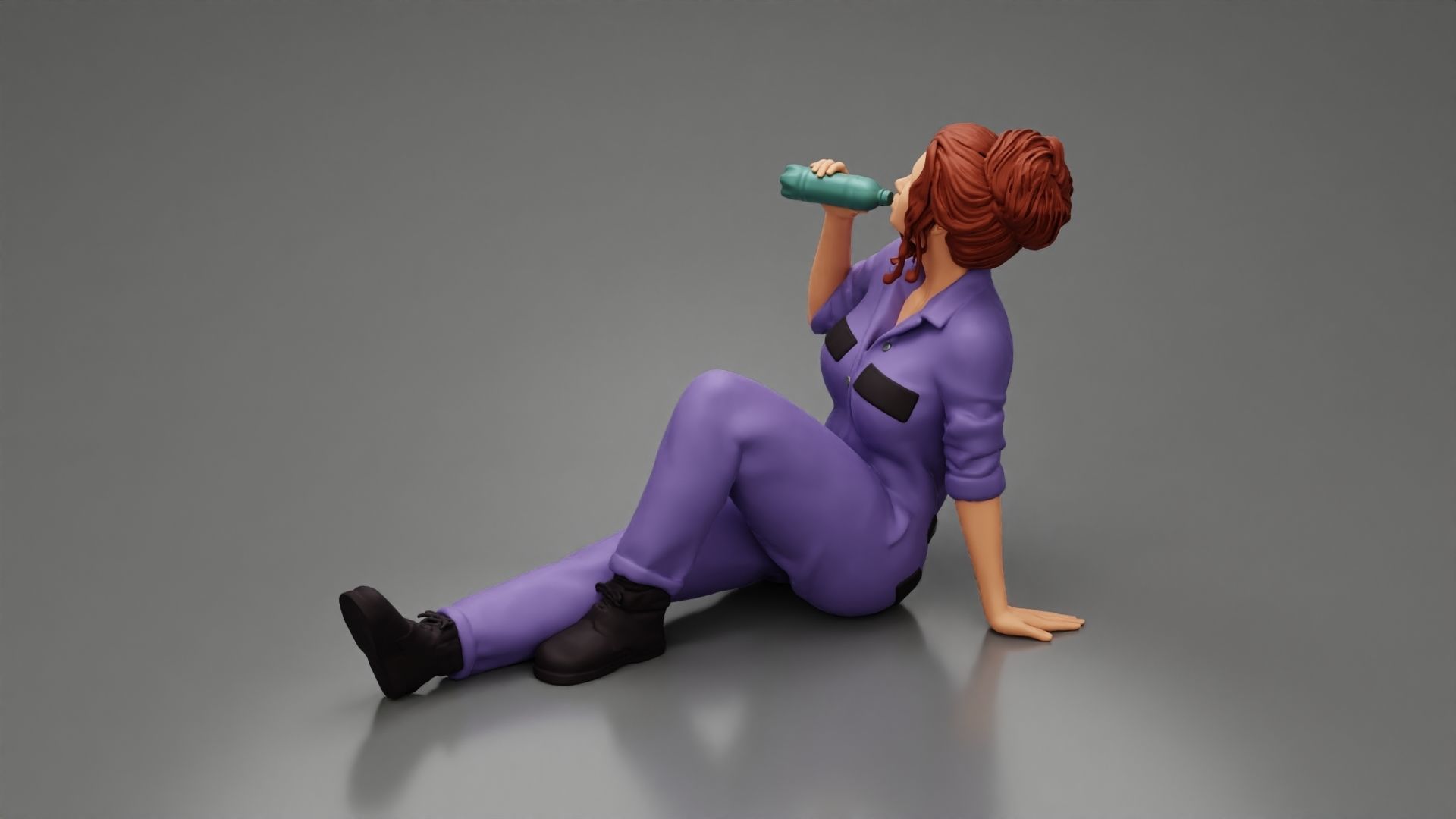 Tired woman mechanic sitting drinking water during from bottle 3D print model_4