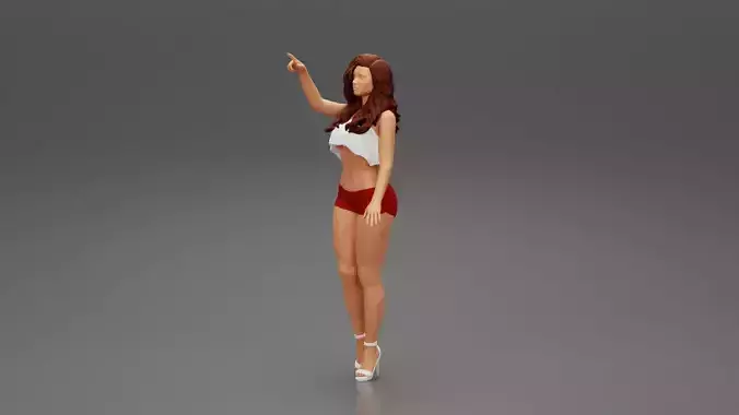 woman standing in mini short and heels with her hand indicating