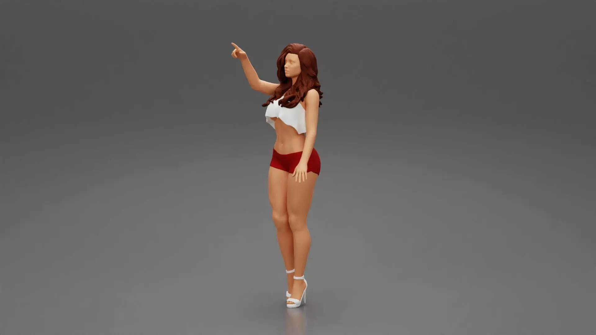 woman standing in mini short and heels with her hand indicating 3D print model_0