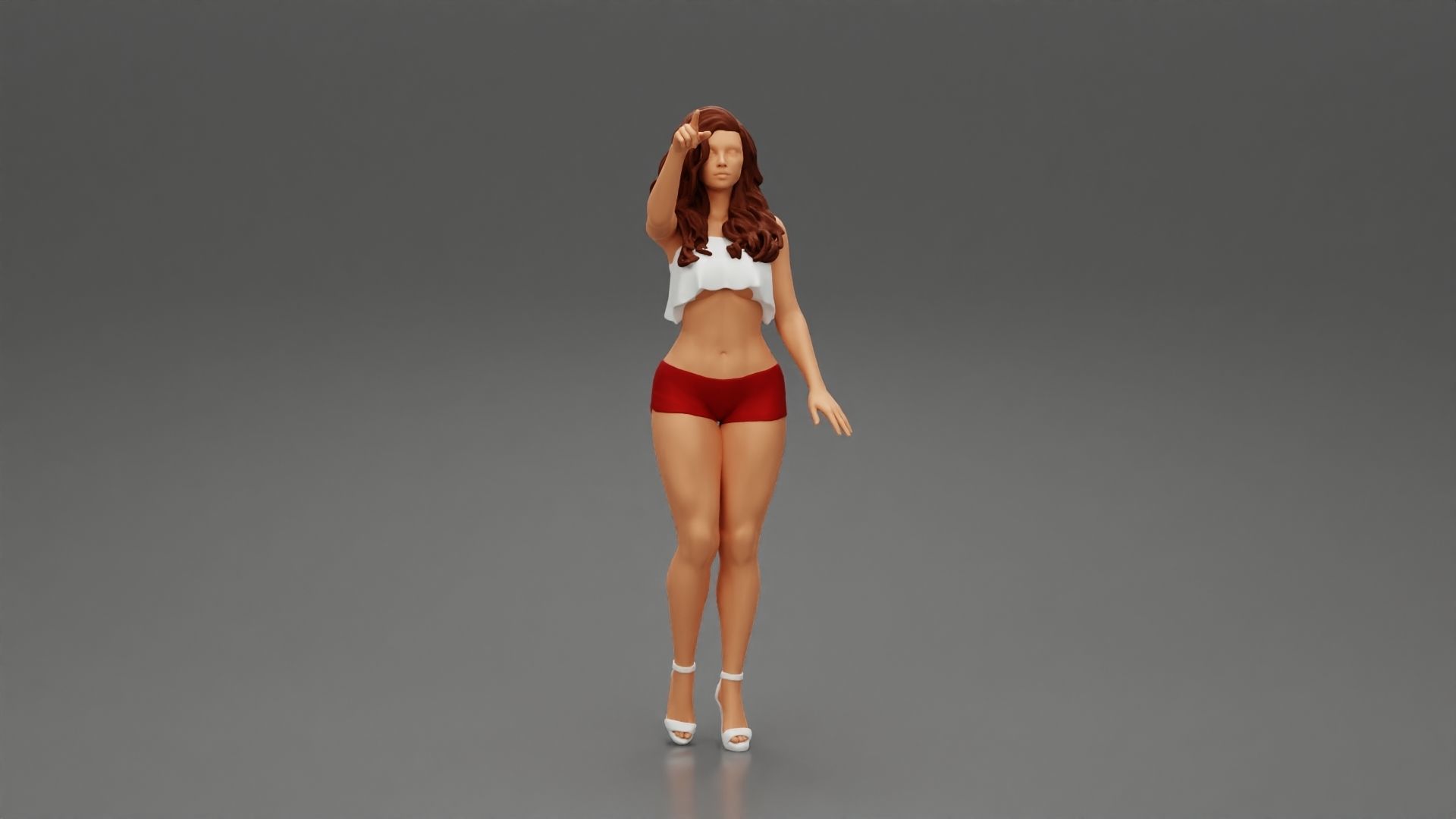 woman standing in mini short and heels with her hand indicating 3D print model_1
