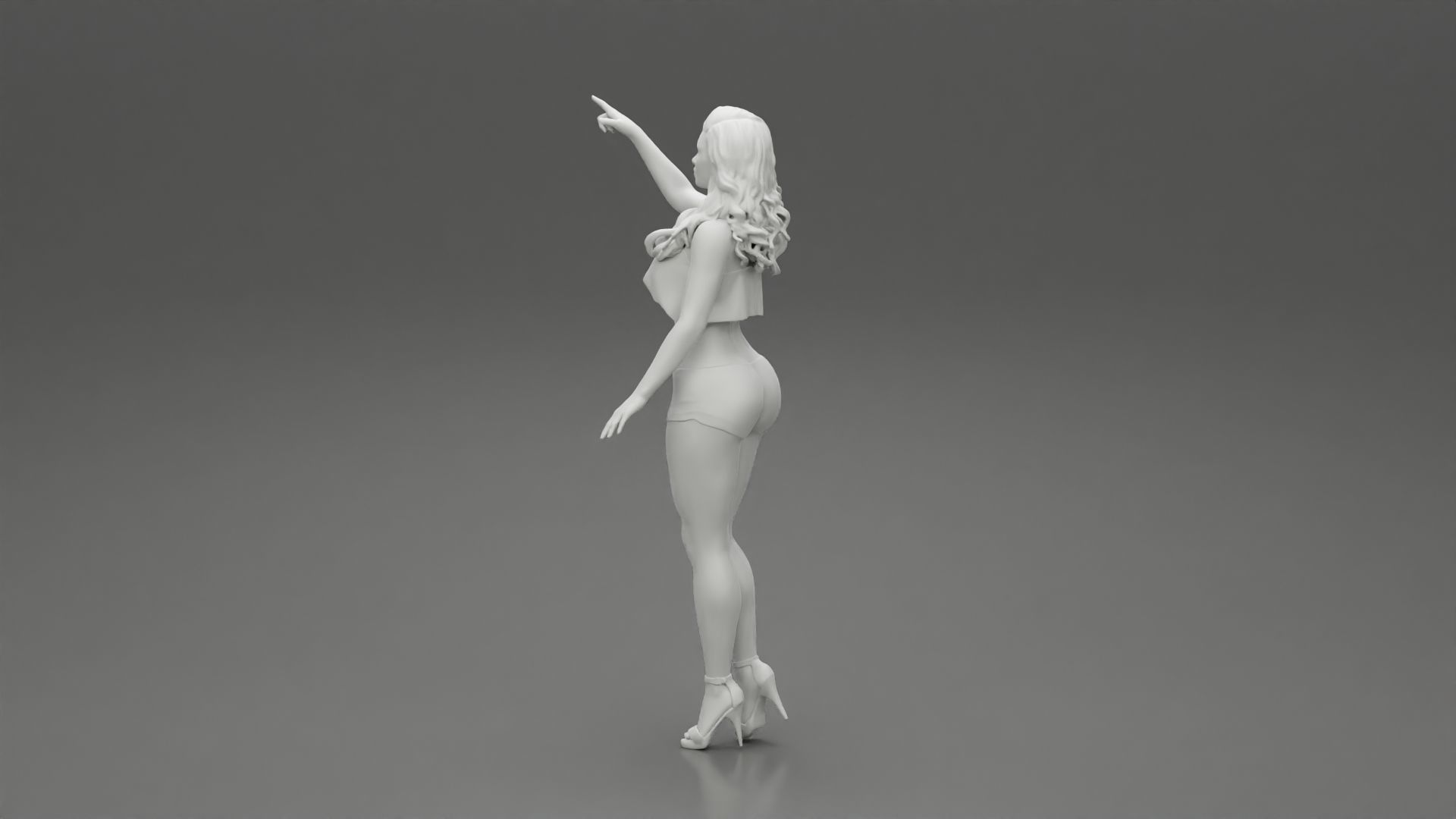 woman standing in mini short and heels with her hand indicating 3D print model_11