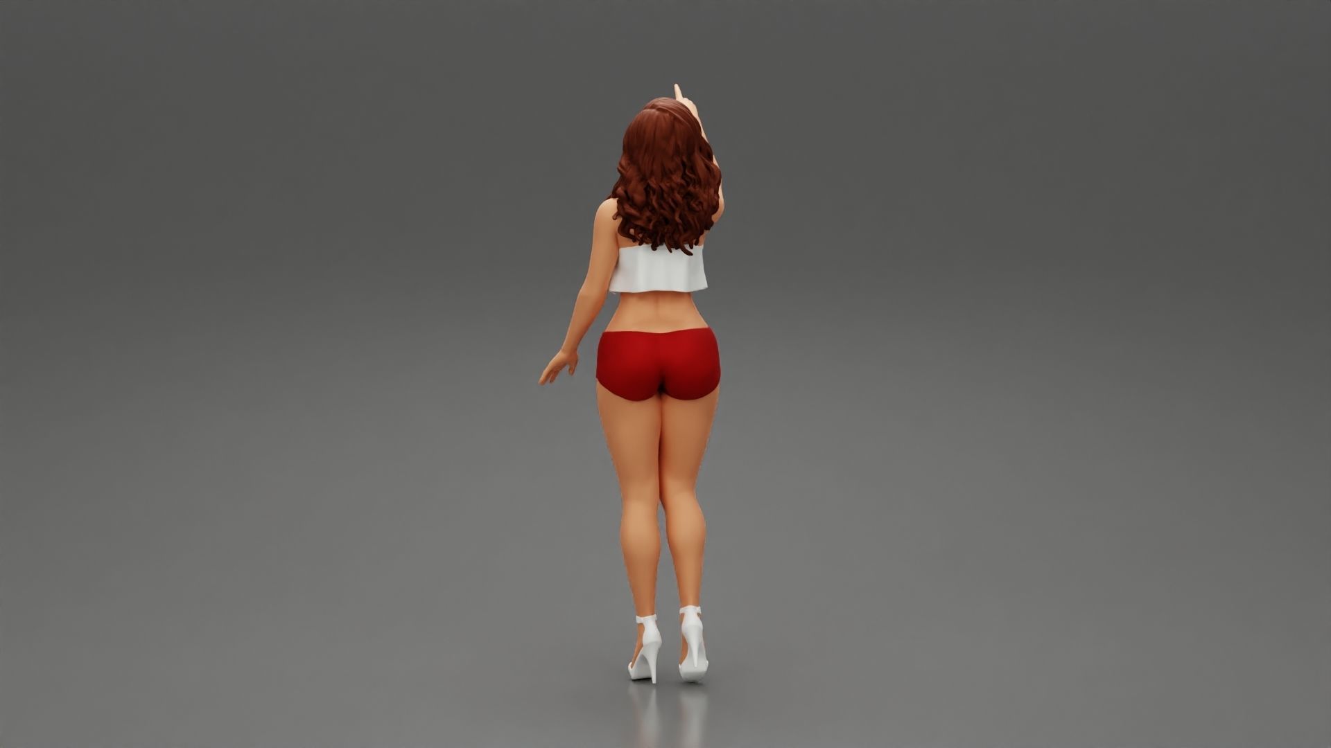 woman standing in mini short and heels with her hand indicating 3D print model_4