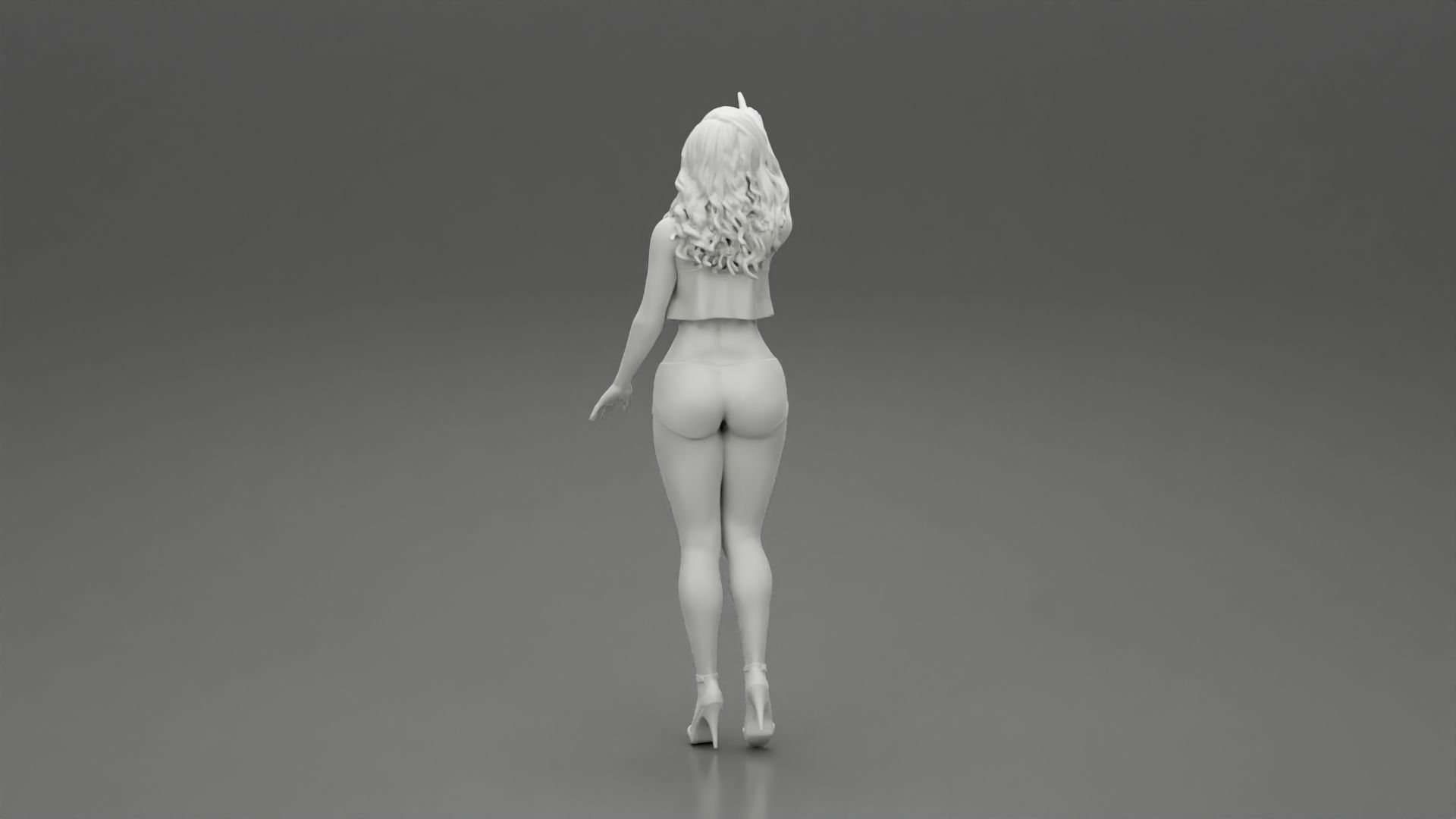 woman standing in mini short and heels with her hand indicating 3D print model_10