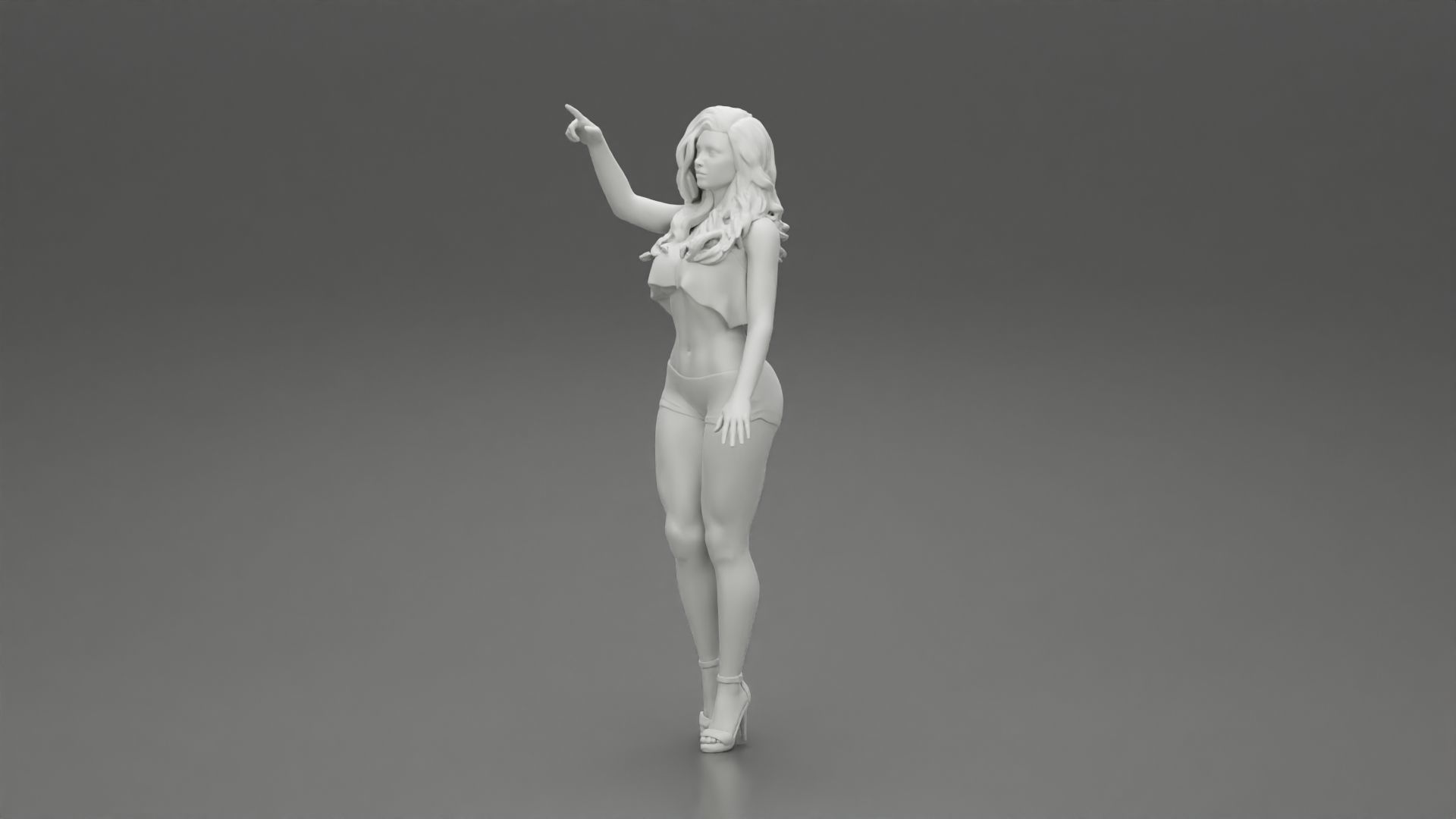 woman standing in mini short and heels with her hand indicating 3D print model_6
