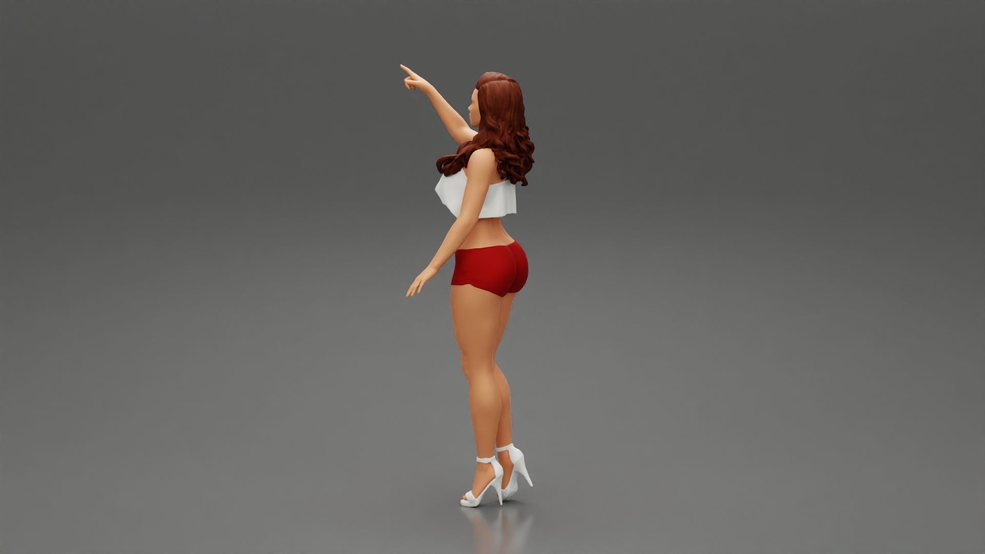 woman standing in mini short and heels with her hand indicating 3D print model_5