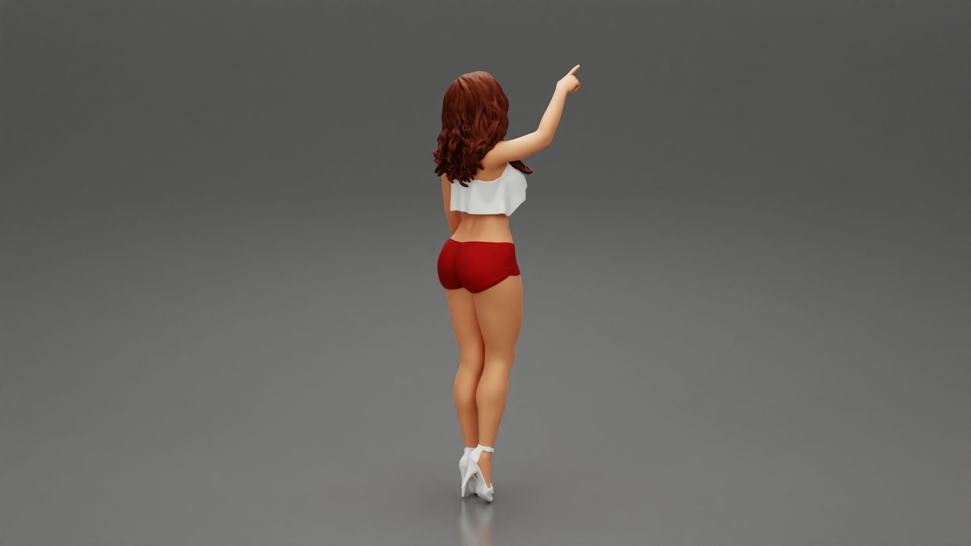 woman standing in mini short and heels with her hand indicating 3D print model_3